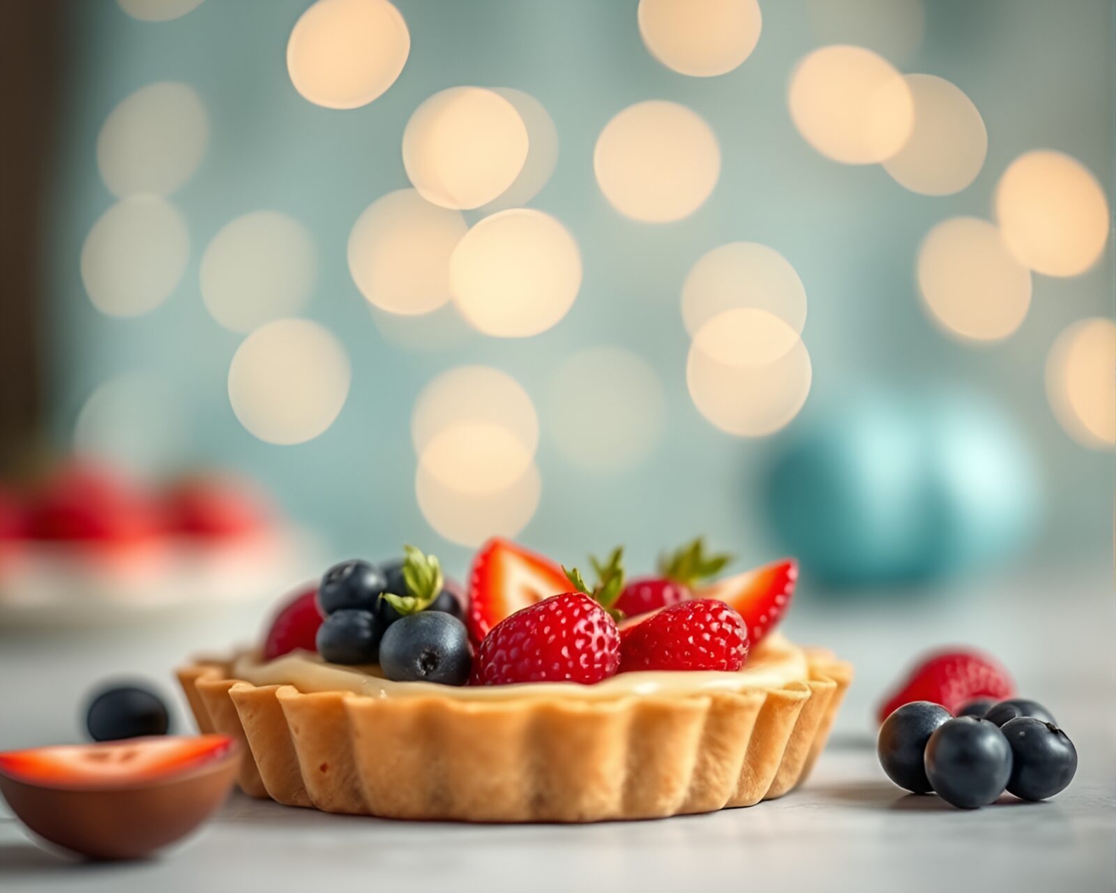 Colorful origami fruit tart arranged in bokeh foreground
