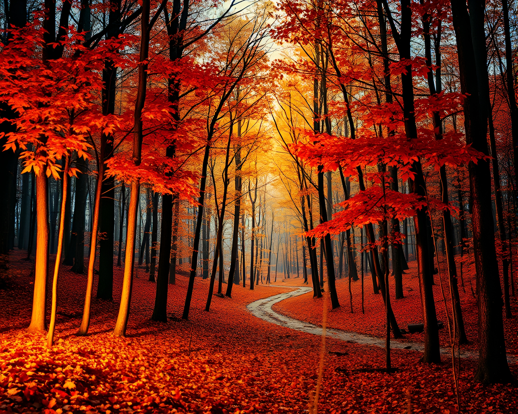 Autumn Forest Collage: Torchlight Mosaic Chaos – free AI stock image