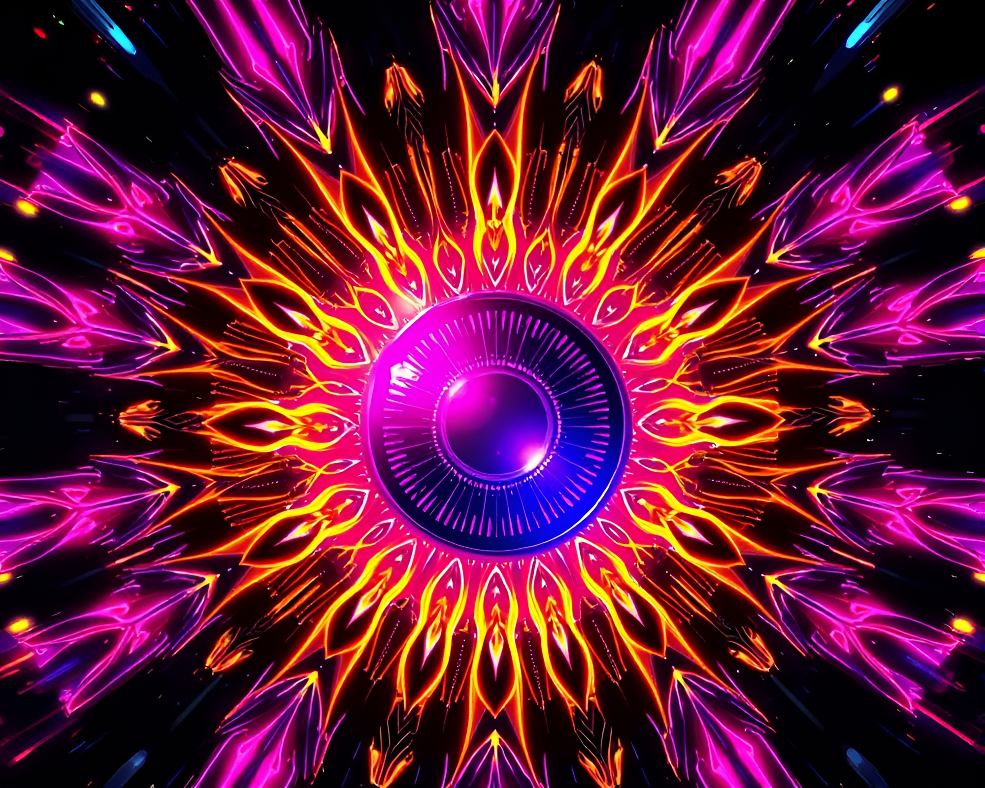 Neon Mandala Cyberpunk Lens Sunburst Art – free AI stock image