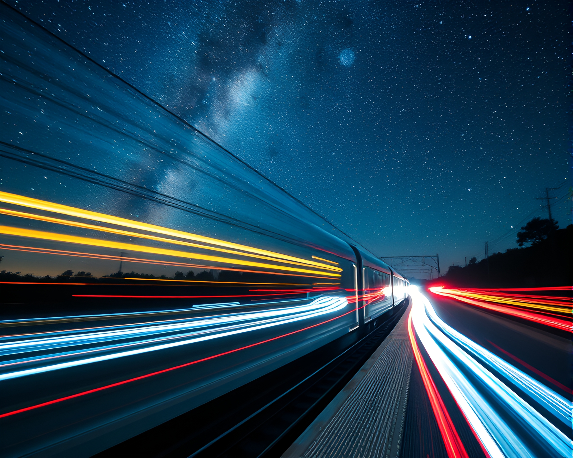 Futuristic Train Light Trails Through Augmented Reality Galaxy – free AI stock image