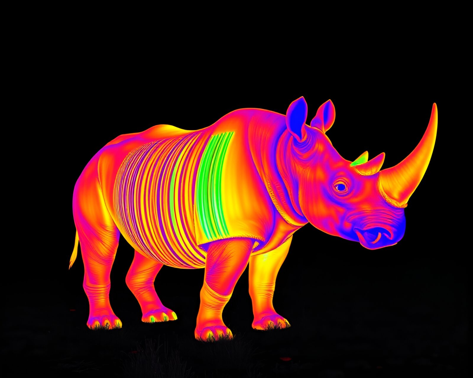 Fantastical thermal image of a rhinoceros with iridescent highlights