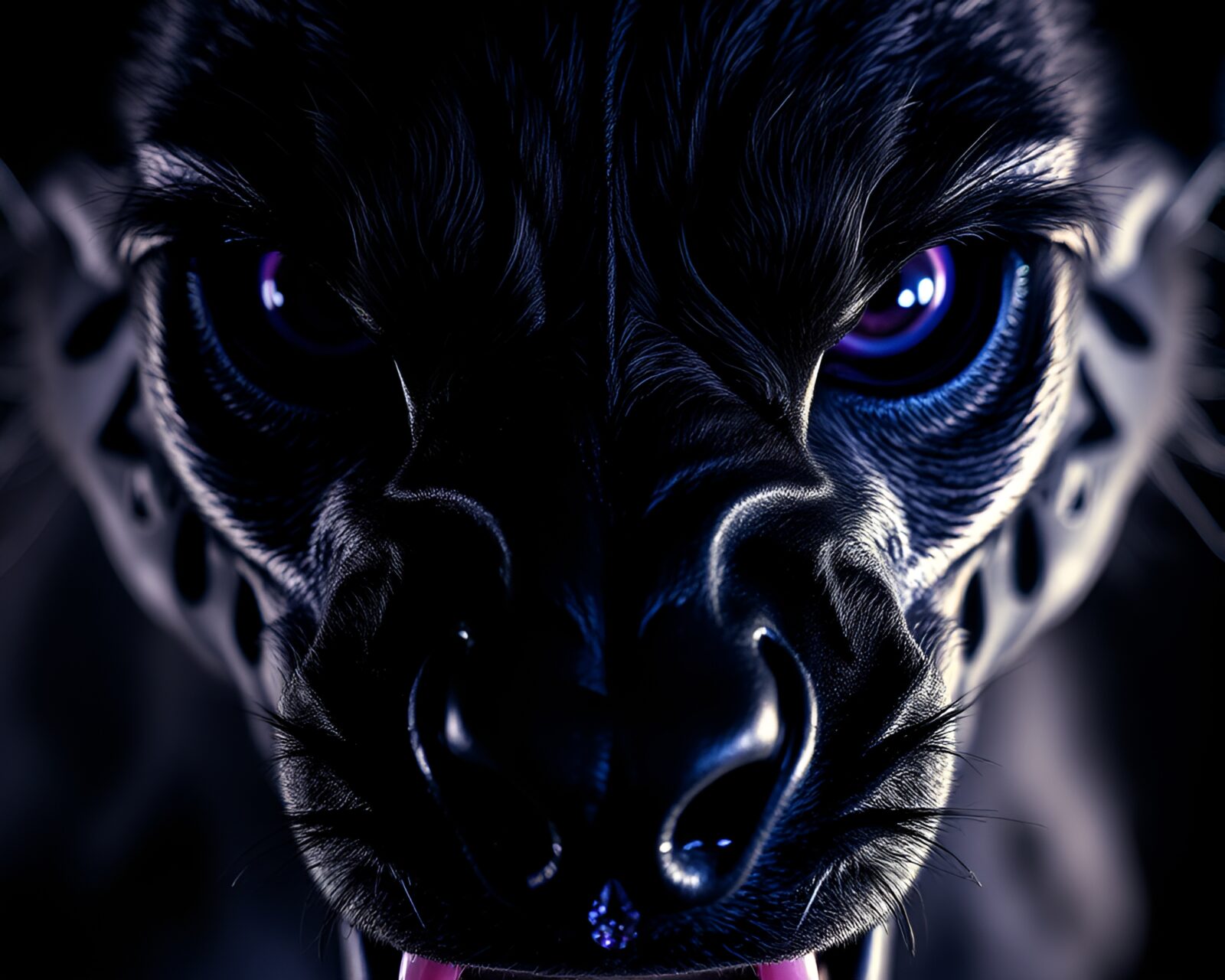 A detailed extreme close-up of a purple-glowing three-headed dog