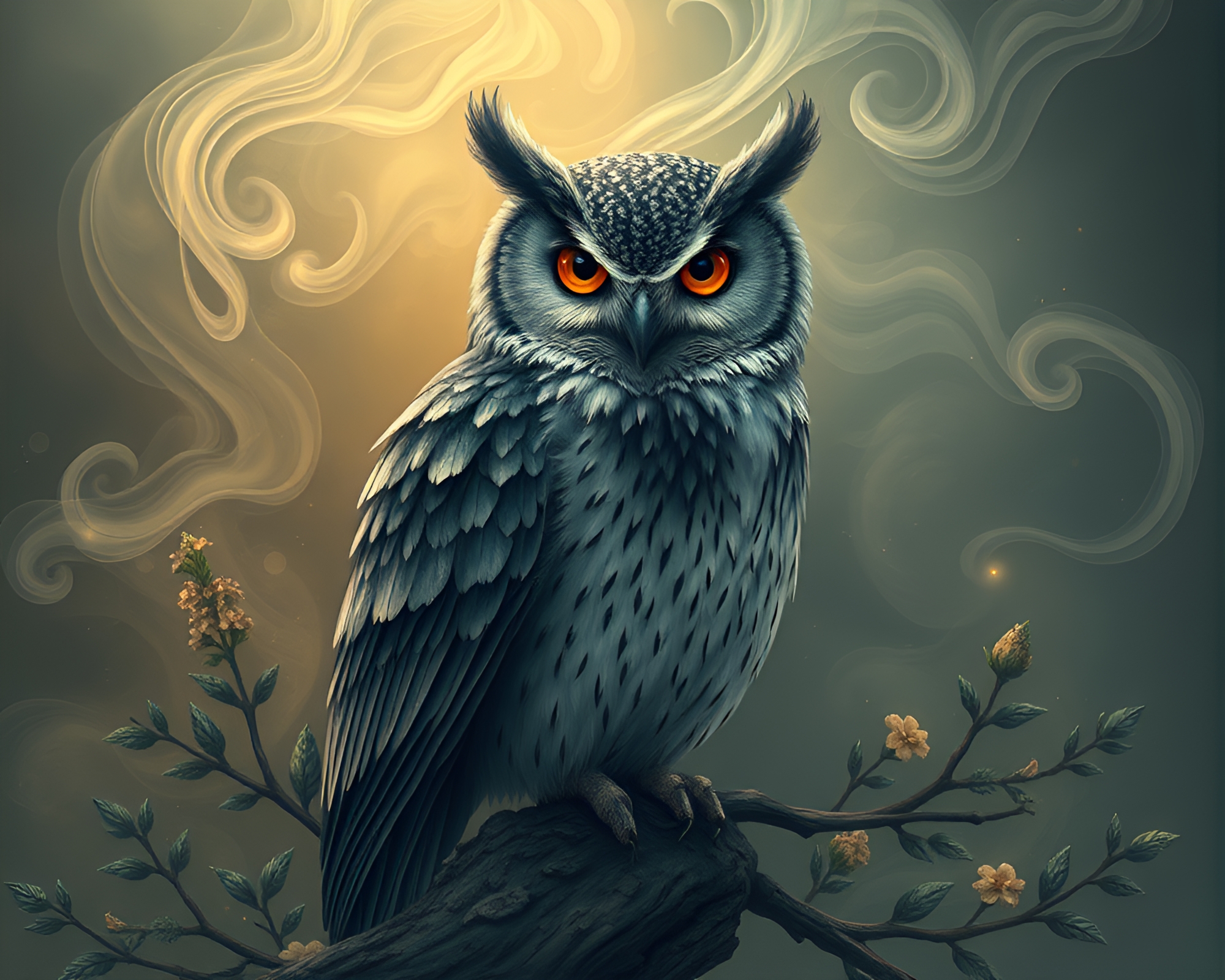 Clockwork Owl in Botanical Smoke Swirls – free AI stock image