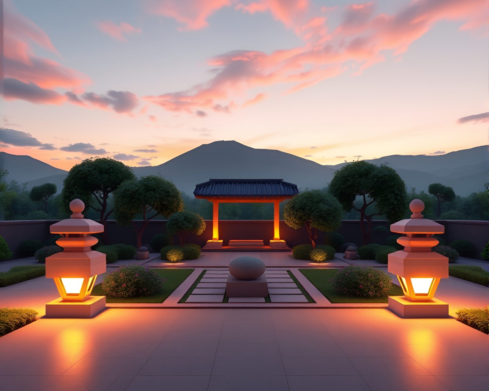 Low-poly 3D Zen garden symmetrical composition at twilight