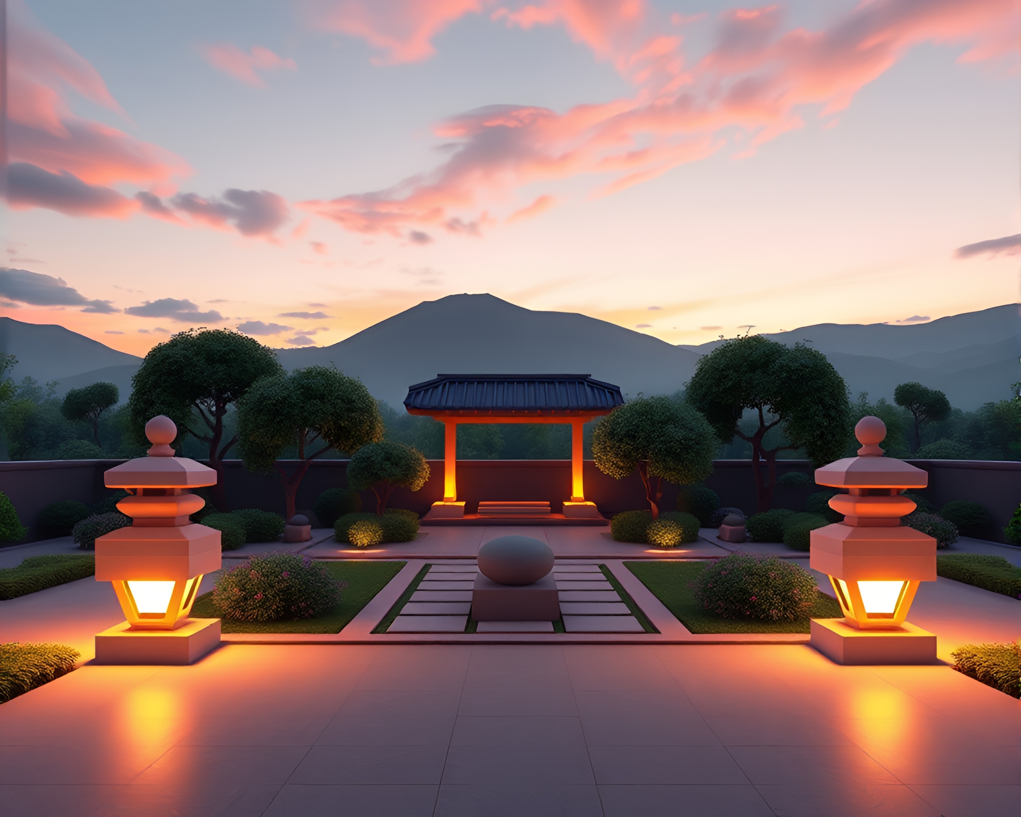 Symmetrical Zen Garden at Dusk Low-Poly Render – free AI stock image