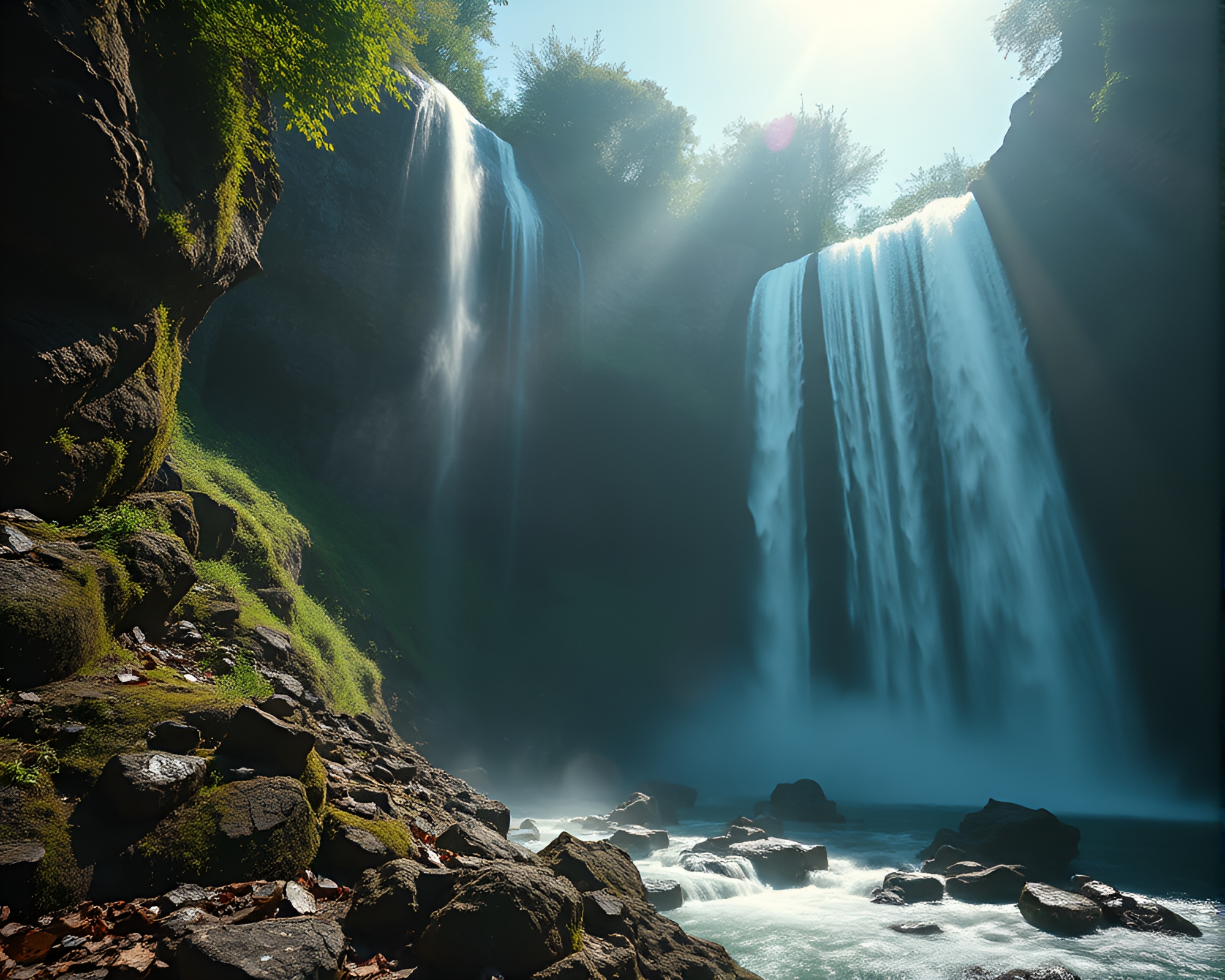 Majestic Ultraviolet Waterfall from Above – free AI stock image