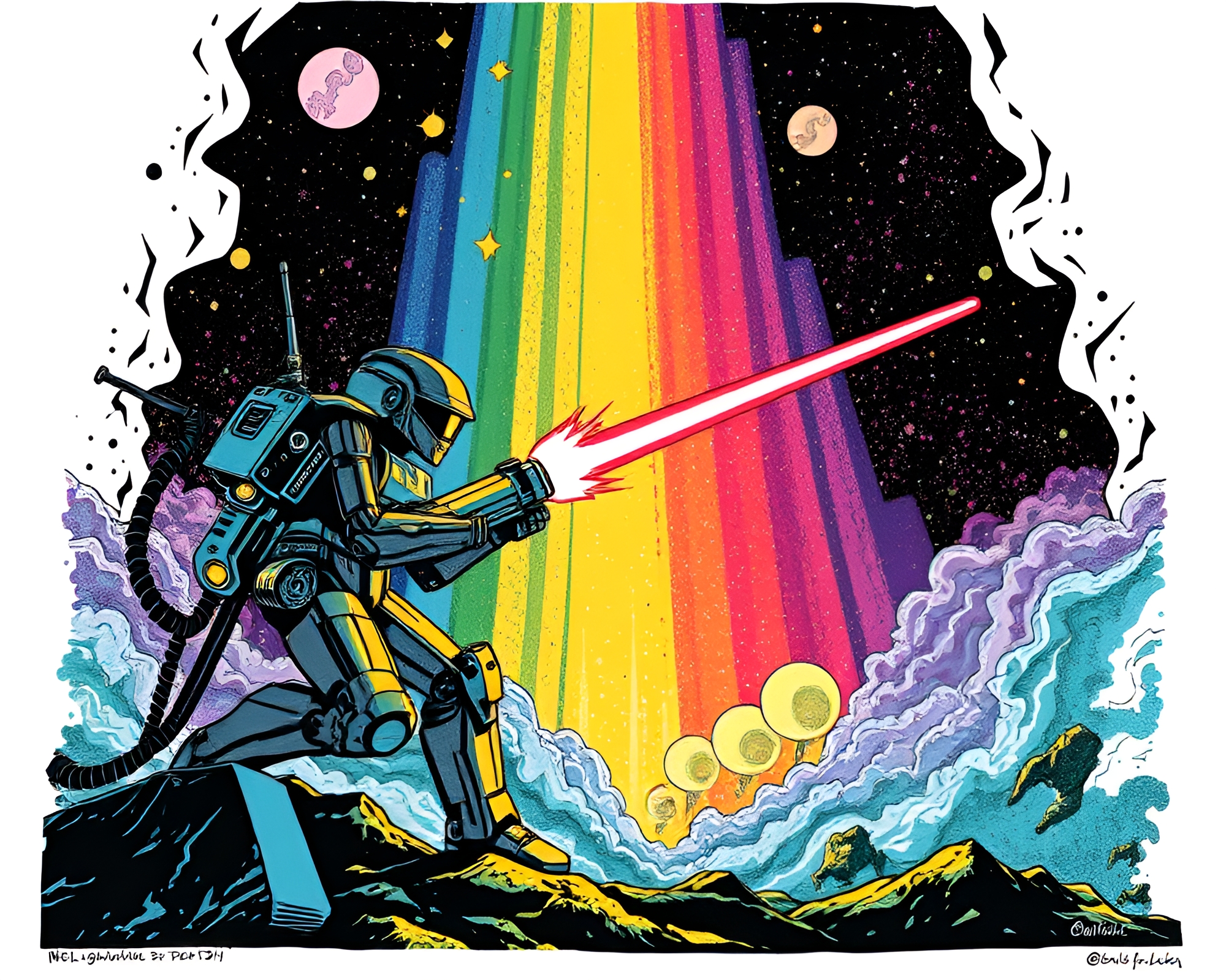 Cosmic Rainbow Battle Mech in Linocut Print Style – free AI stock image