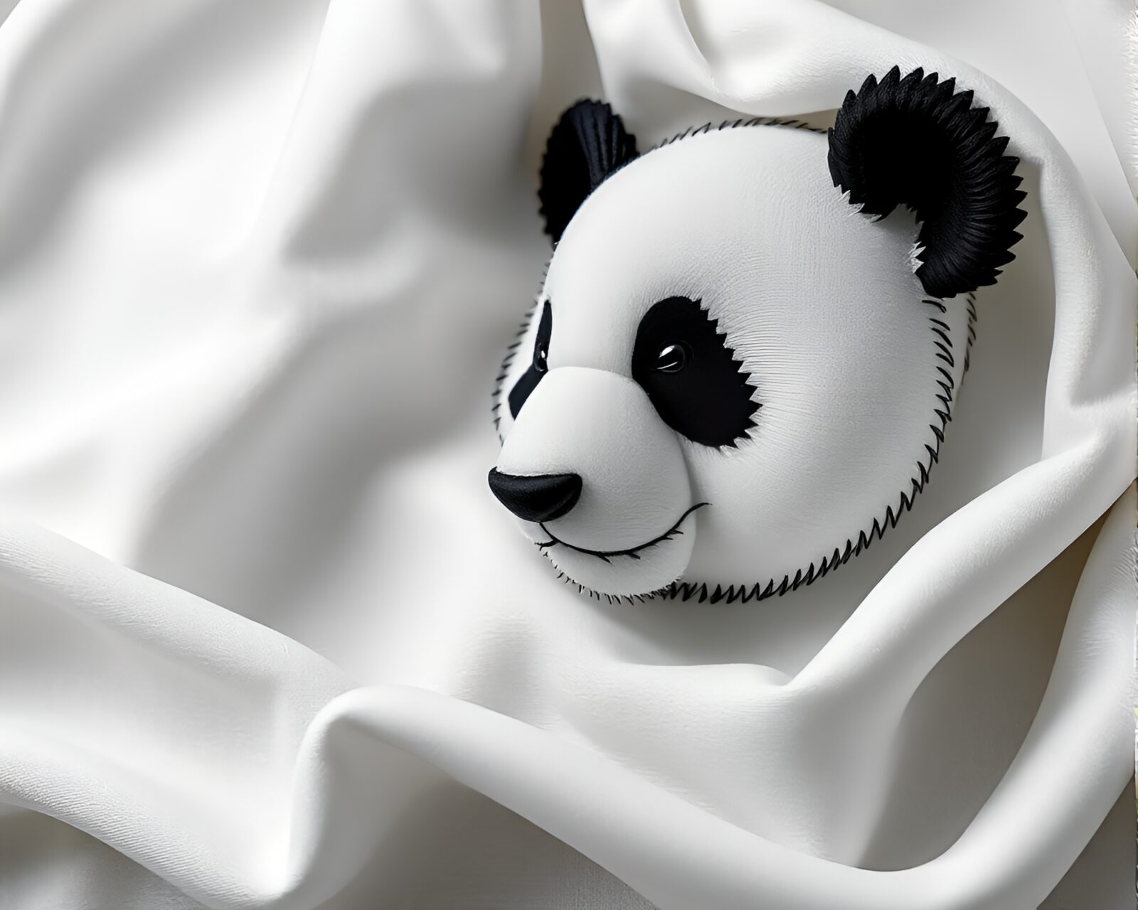 Black and white panda surrounded by detailed fabric folds