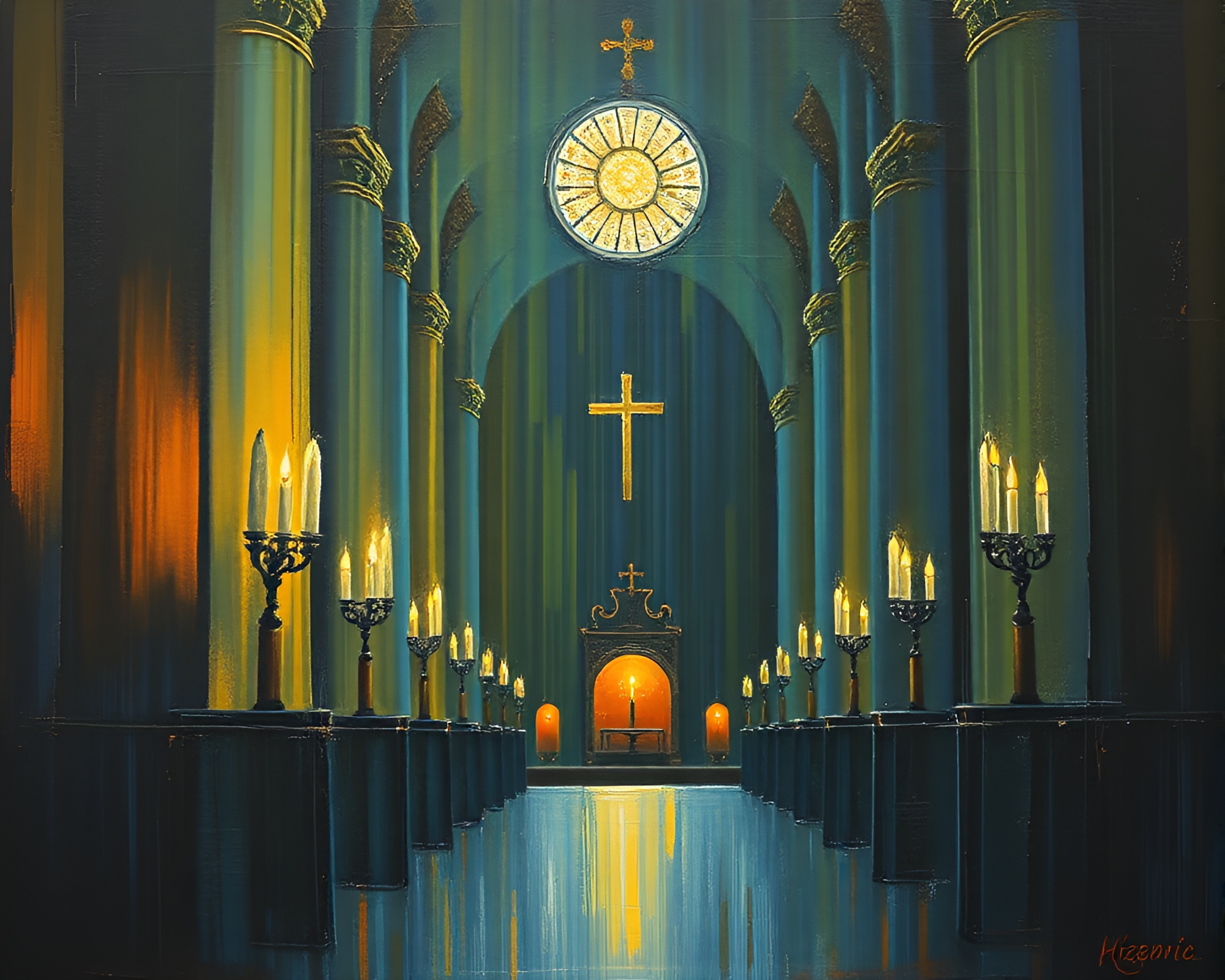Barcode Stripes in Church Candlelight Oil Painting – free AI stock image