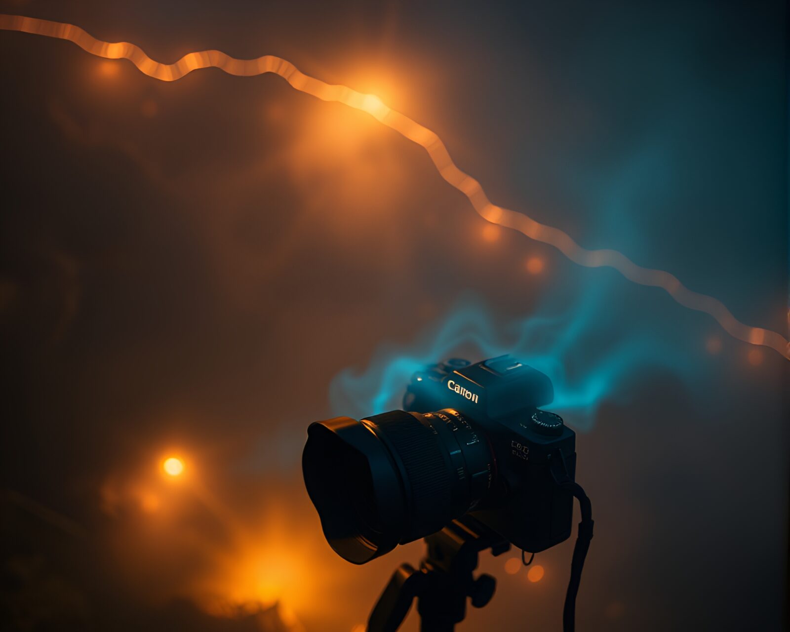 High-angle shot of mystical light trails swirling around magical camera