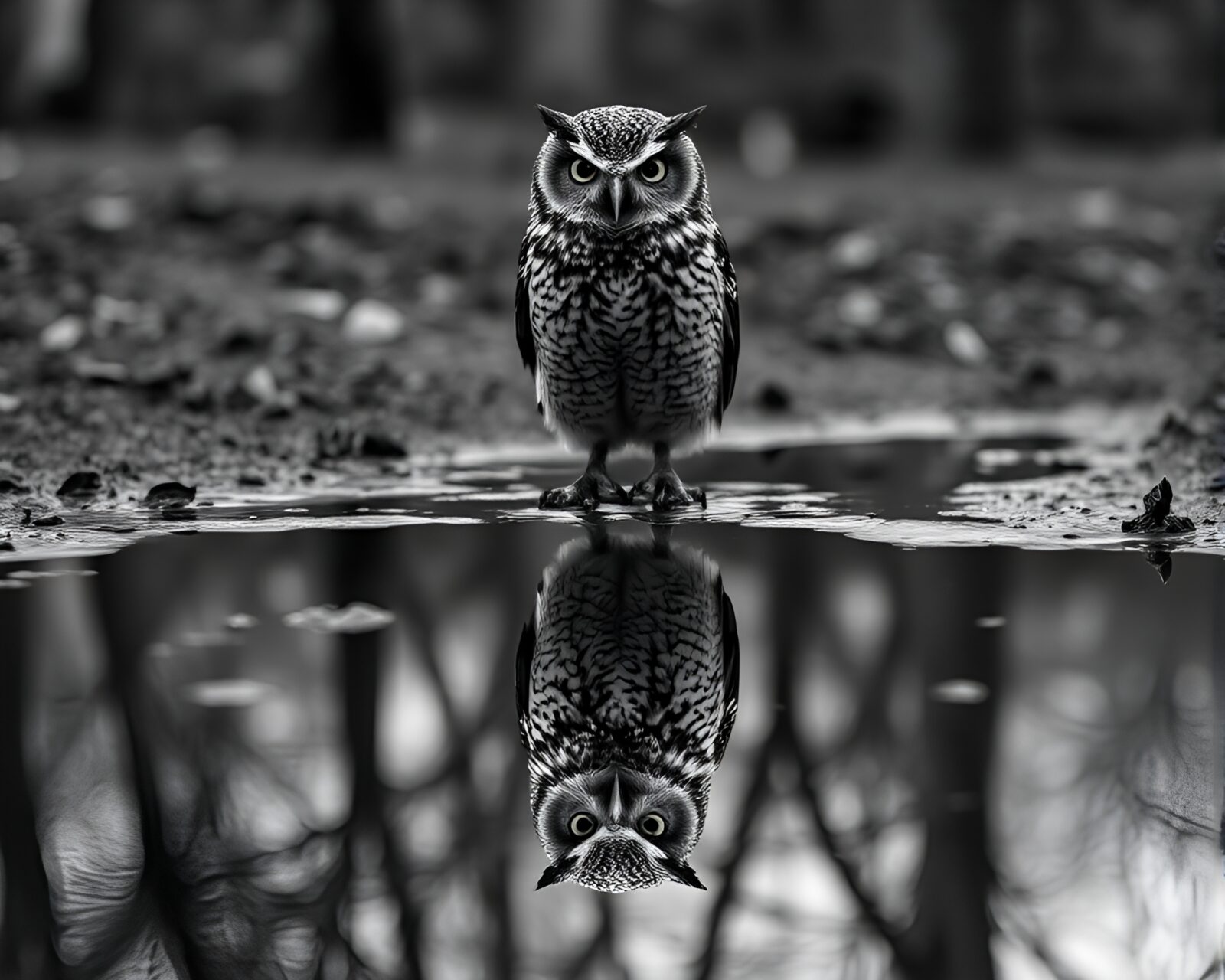 Black and white clockwork owl in reflective puddle