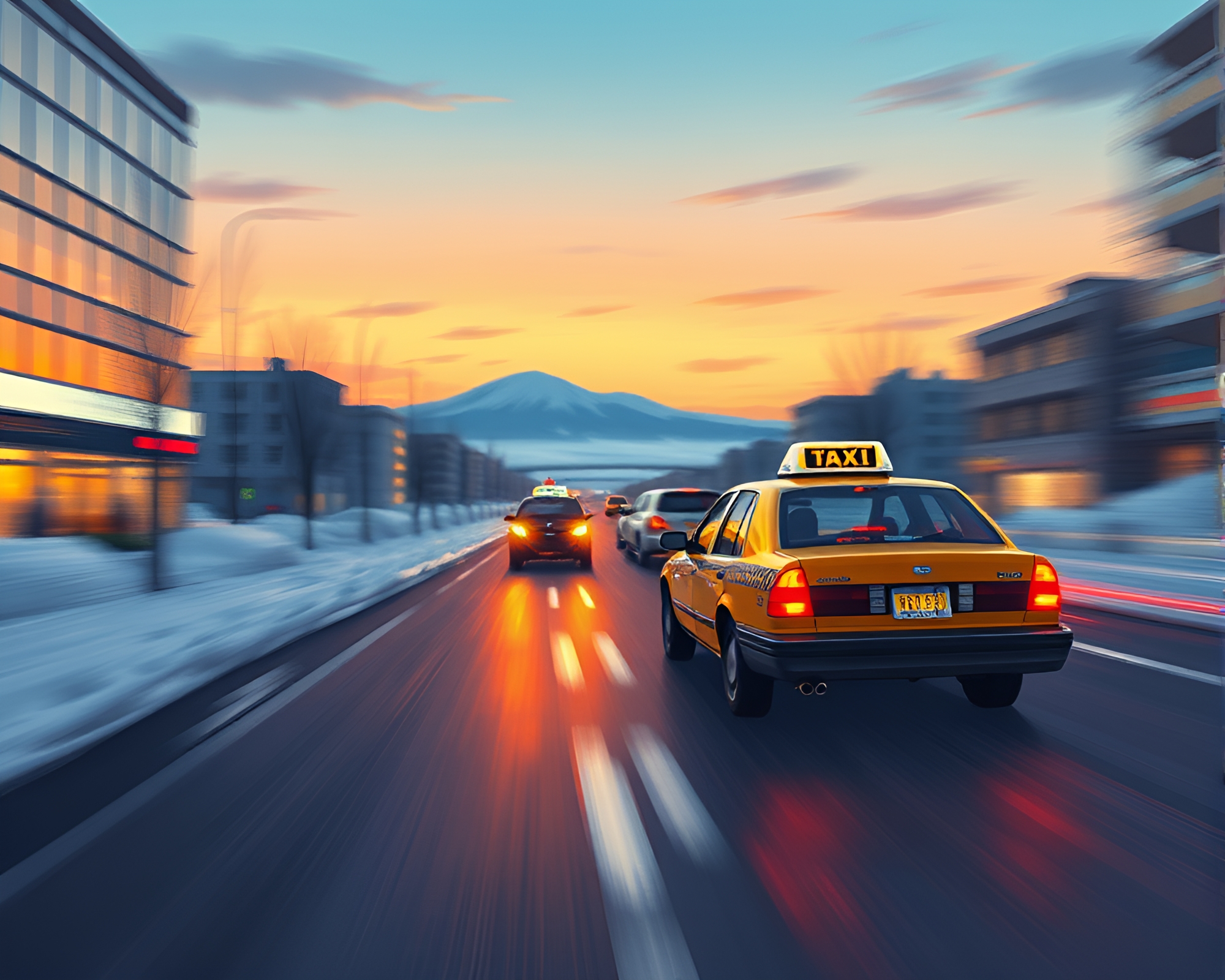Retro Taxi Streaking Through Polar Twilight Grid Cityscape – free AI stock image