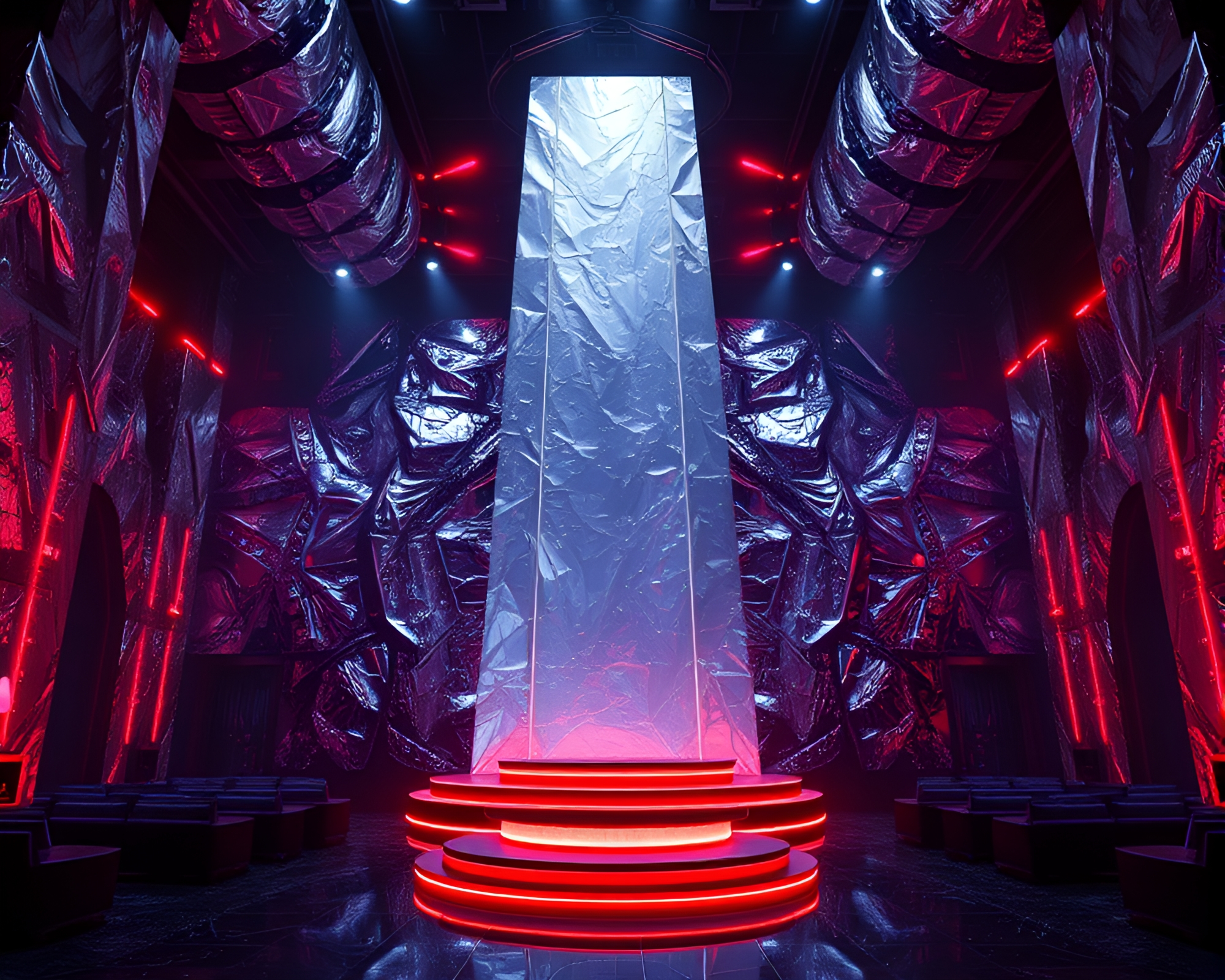Silver Leaf Monolith with Club Strobe Lights – free AI stock image