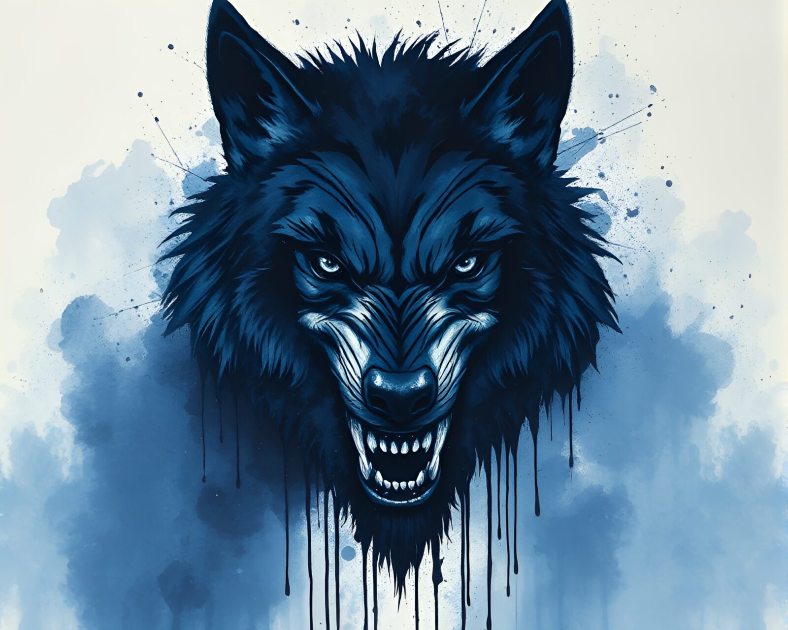 Fantastical sapphire-toned werewolf in surrealistic ink drip composition