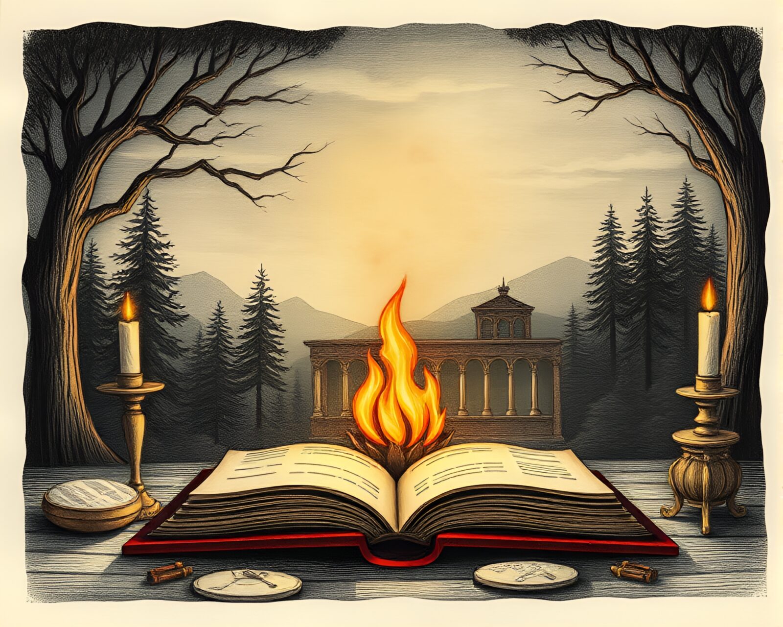 A magical book glowing beside a fireplace in a etched landscape