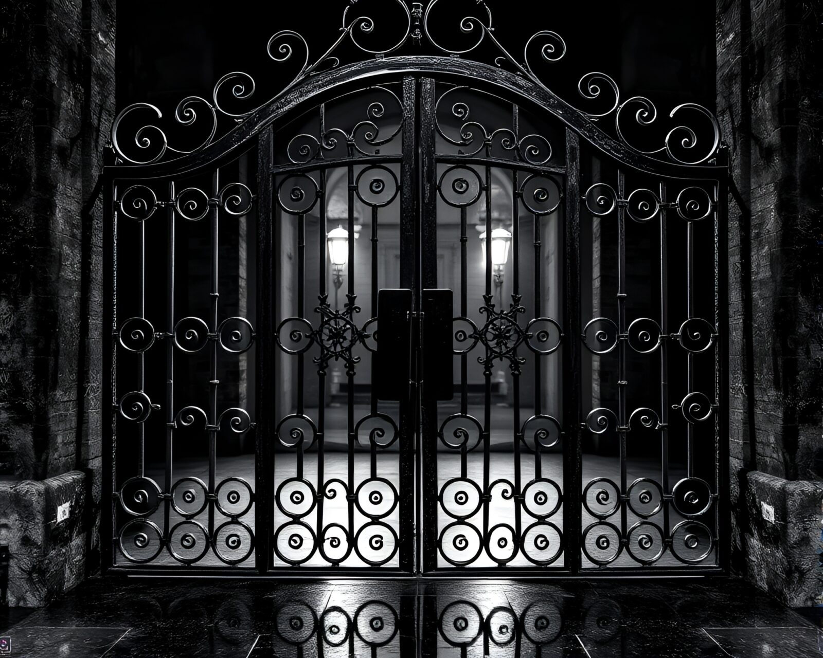 Intricate wrought iron gate reflecting in duplicate with high-key lighting