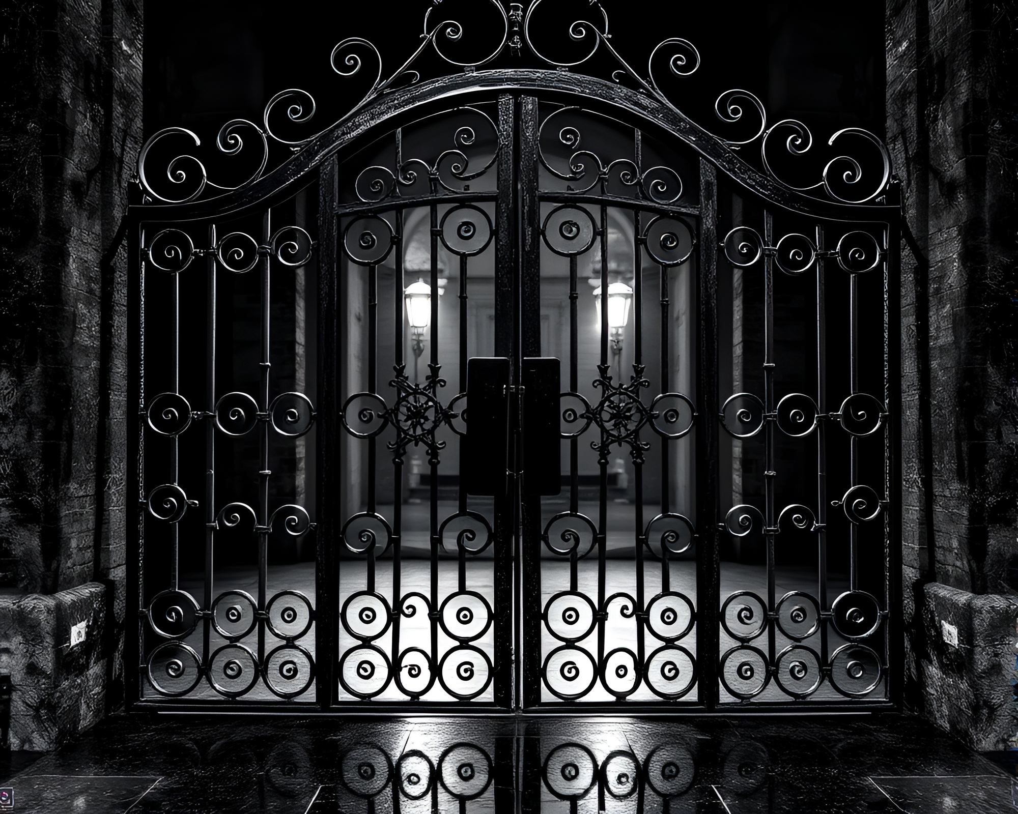 Wrought Iron Gate Double Reflection Surreal Grisaille Fantasy – free AI stock image