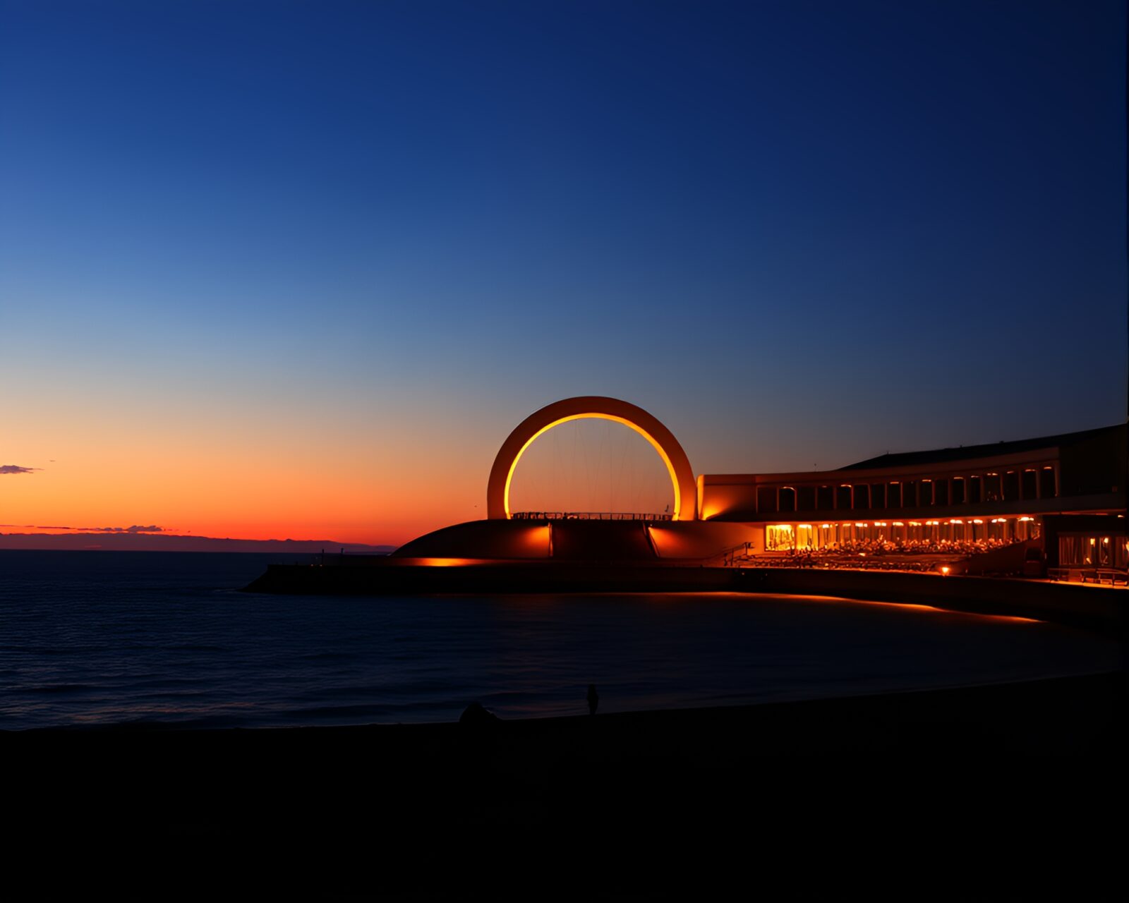 Circular frame beach scene with opera-house glow