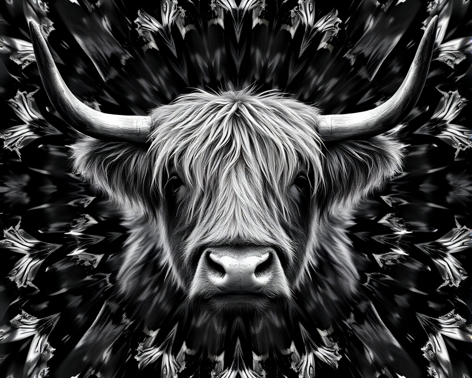 Kaleidoscope image of black and white highland cow