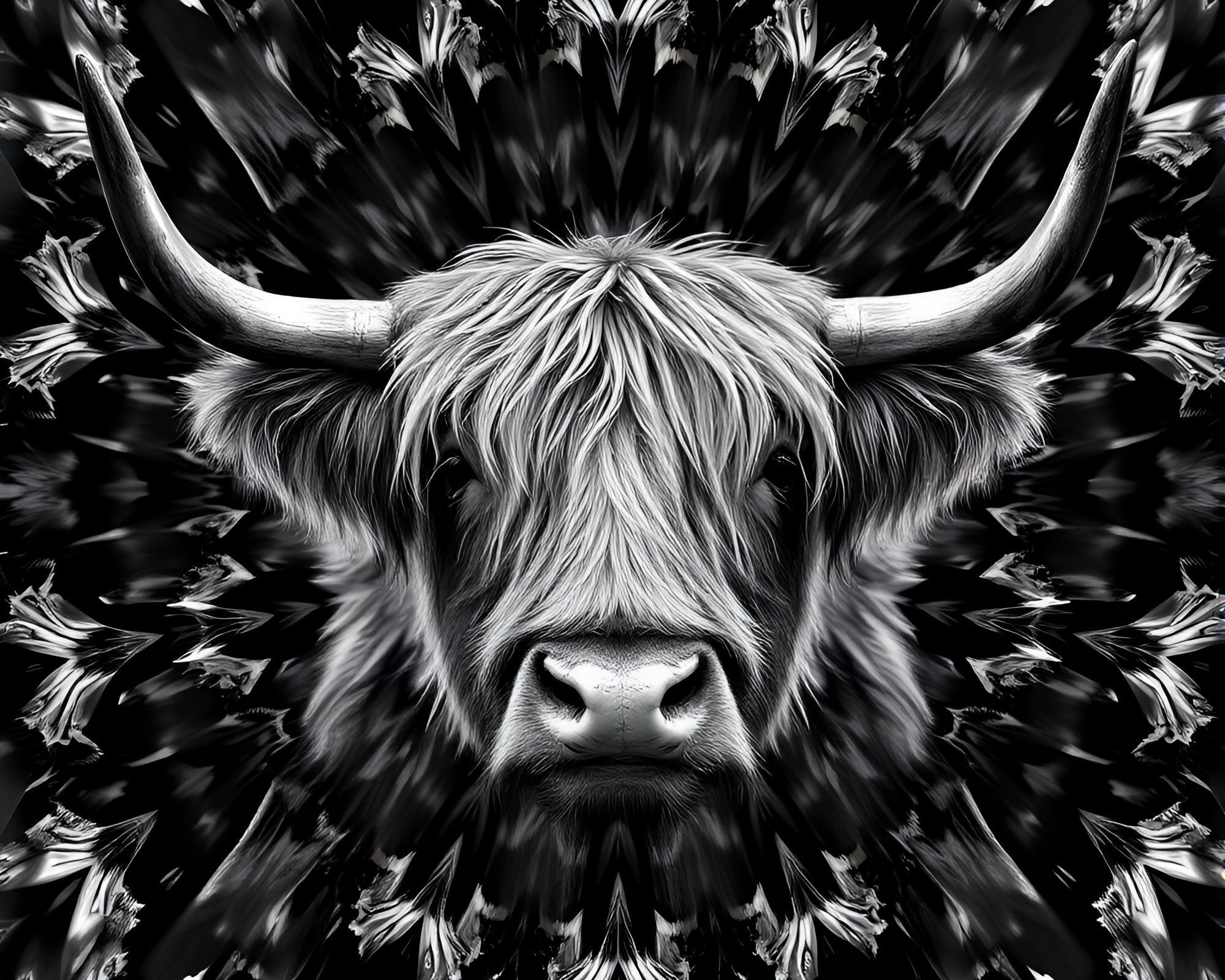 Hyper-Saturated Highland Cow Kaleidoscope Art – free AI stock image