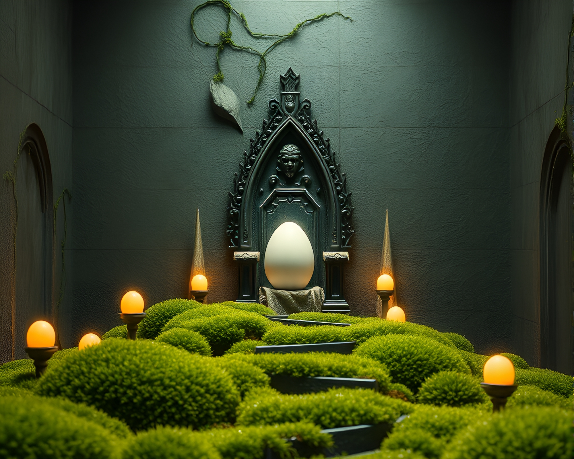 Enigmatic Satyr Ruler in Mossy Throne Room – free AI stock image