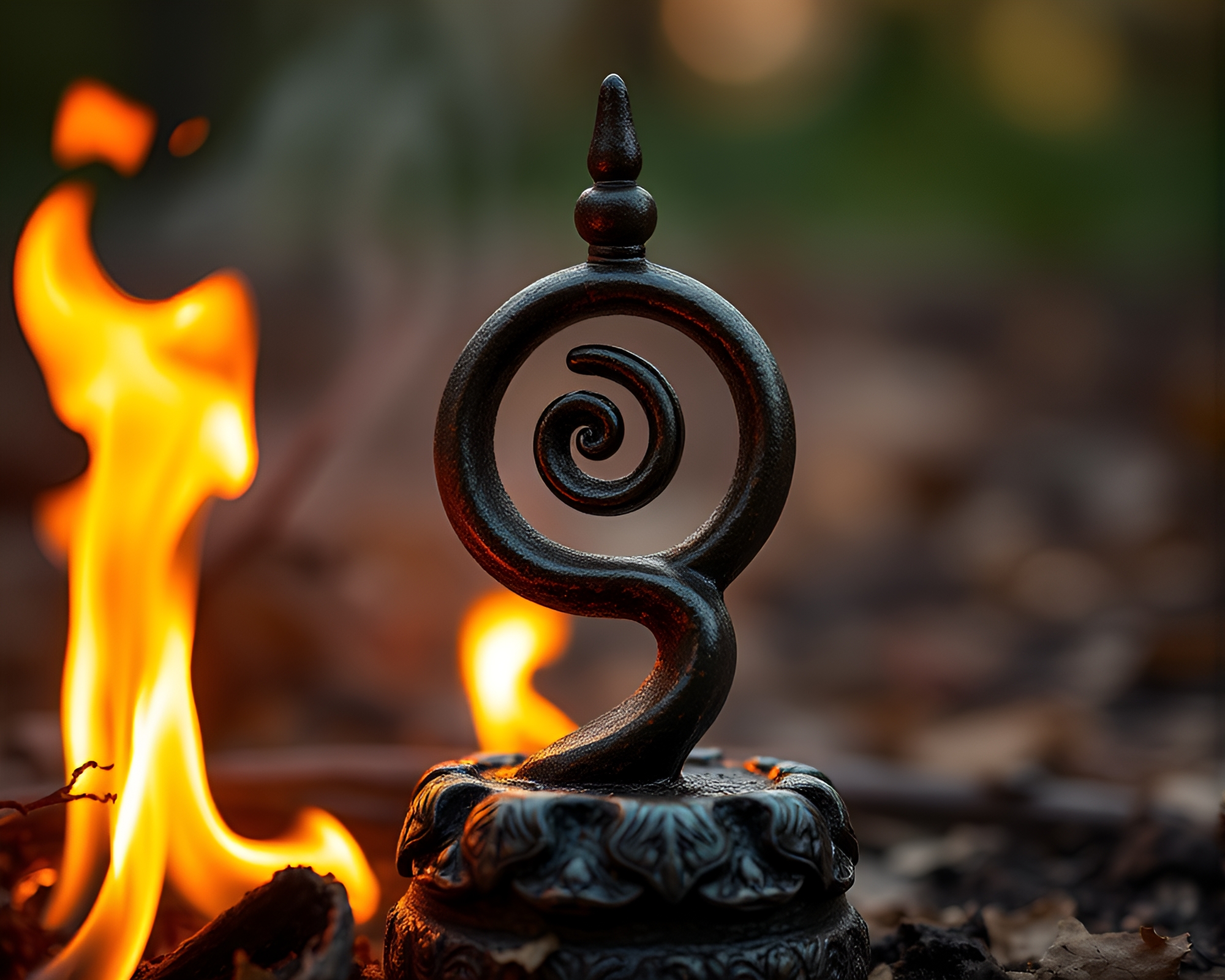 Golden Spiral Statue in Bonfire Warmth Macro Photography – free AI stock image
