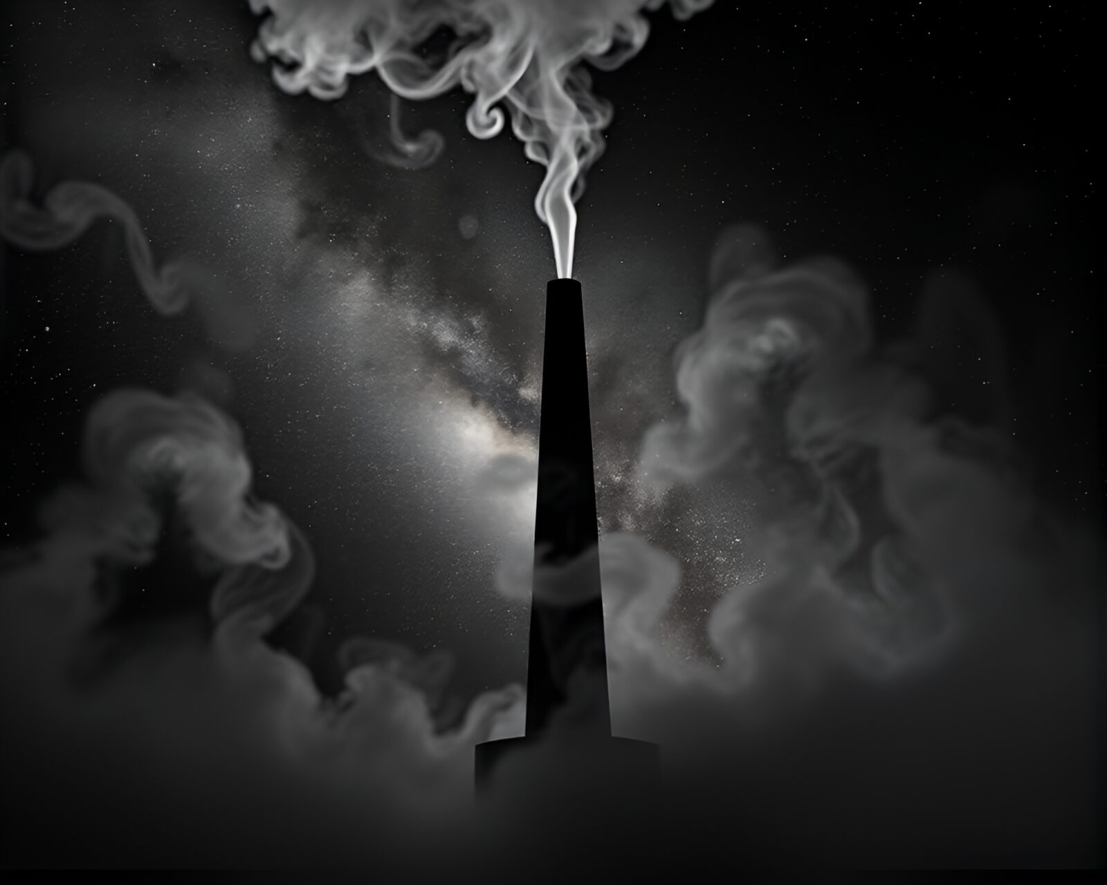 Black and white image of giant obelisk in misty milky way swirl