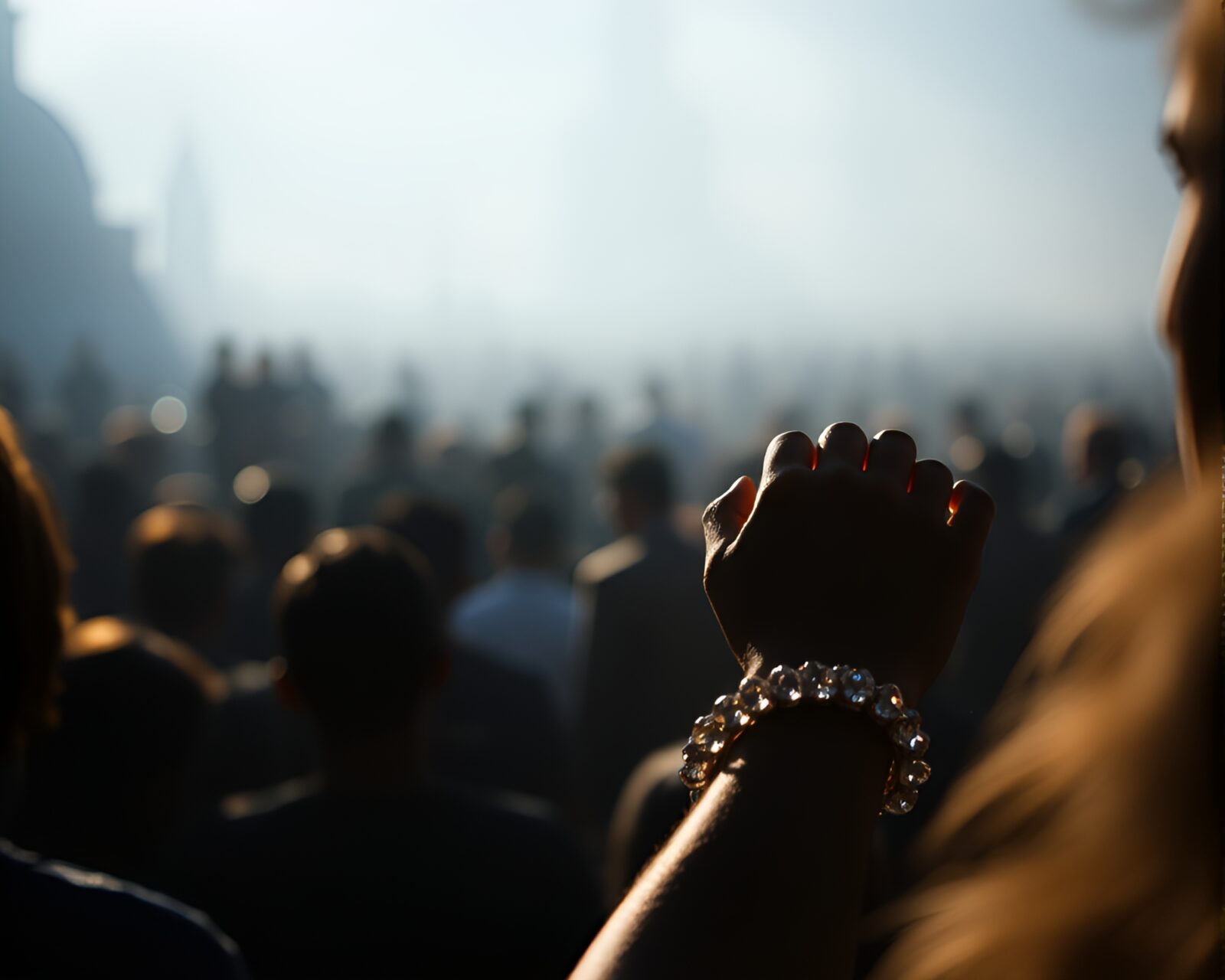 Shallow depth of field image of a crowd silhouette under a bright bracelet-lit sky