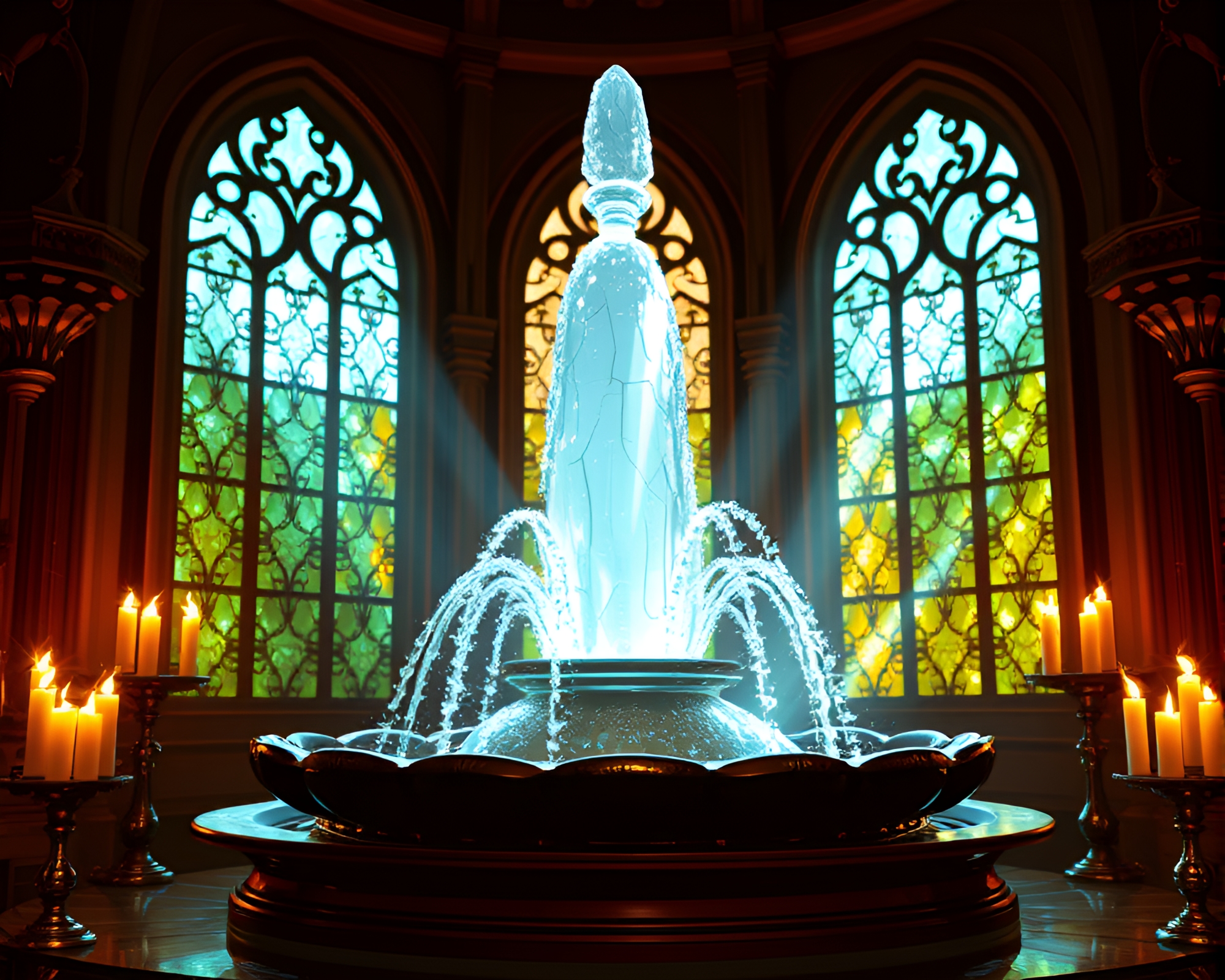 Chocolate Fountain in Distorted Glass Light Cathedral – free AI stock image