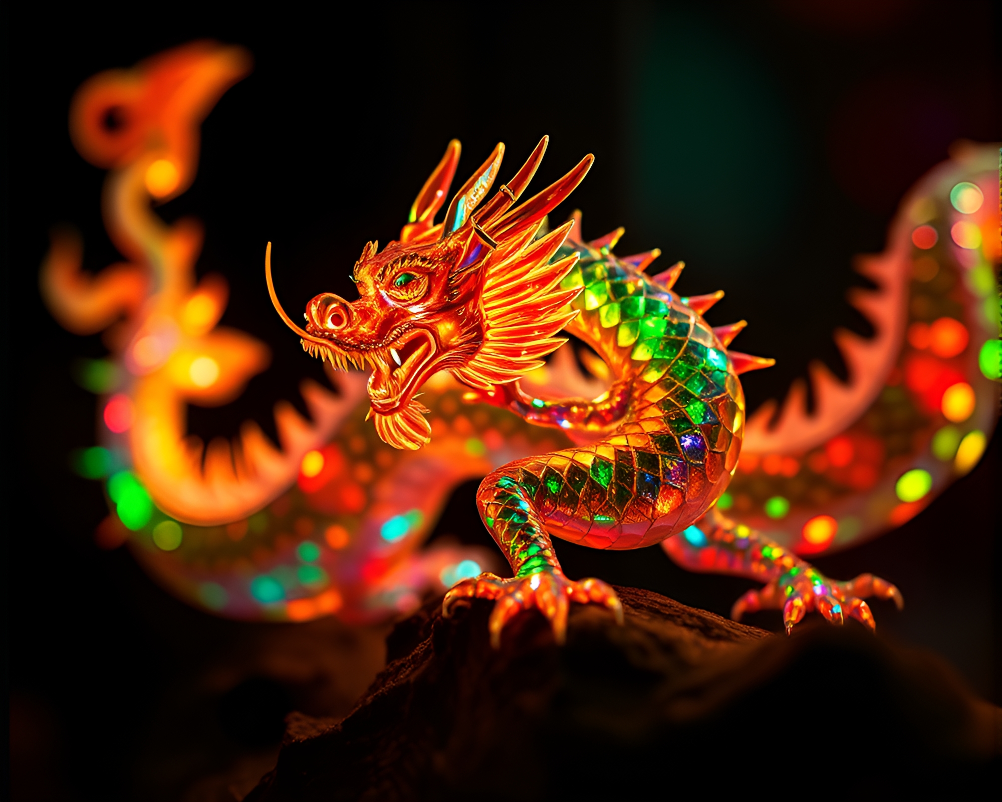 Vibrant Dragon in Lithographic Style with Chromatic Aberration – free AI stock image