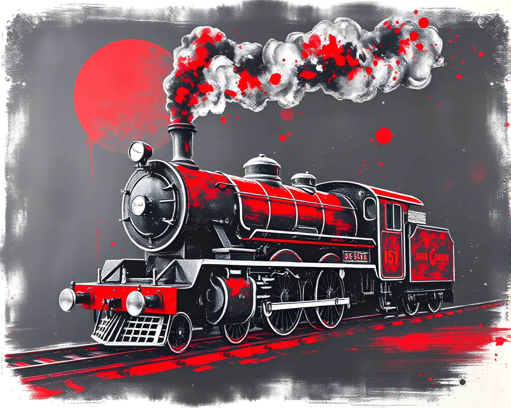 Monochrome Red Steam Locomotive Chalkboard Art – free AI stock image
