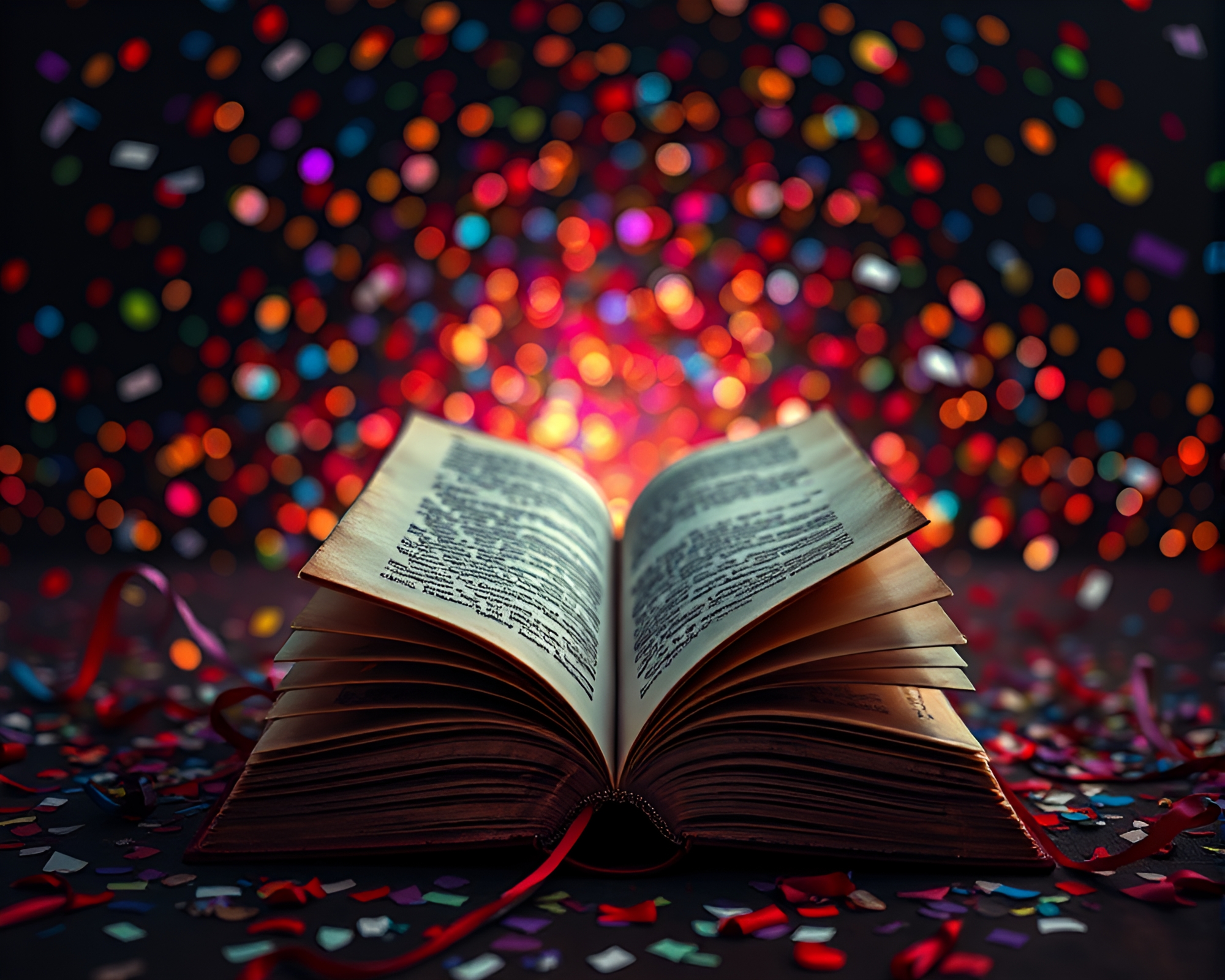 Wide-Angle Pixel Art of Poe Book with Confetti Burst – free AI stock image