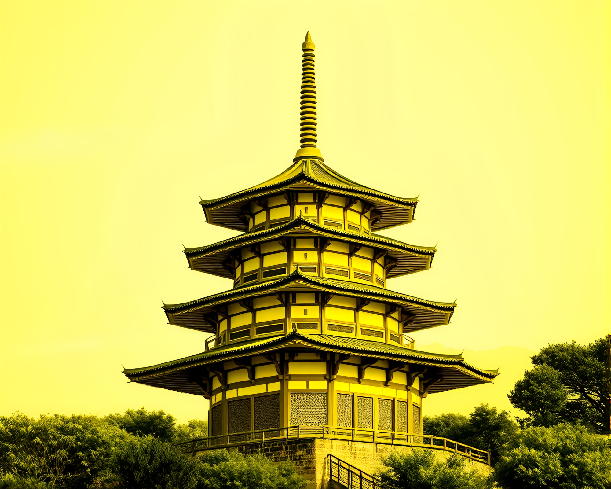 Striped Pagoda in Monochrome Yellow – free AI stock image