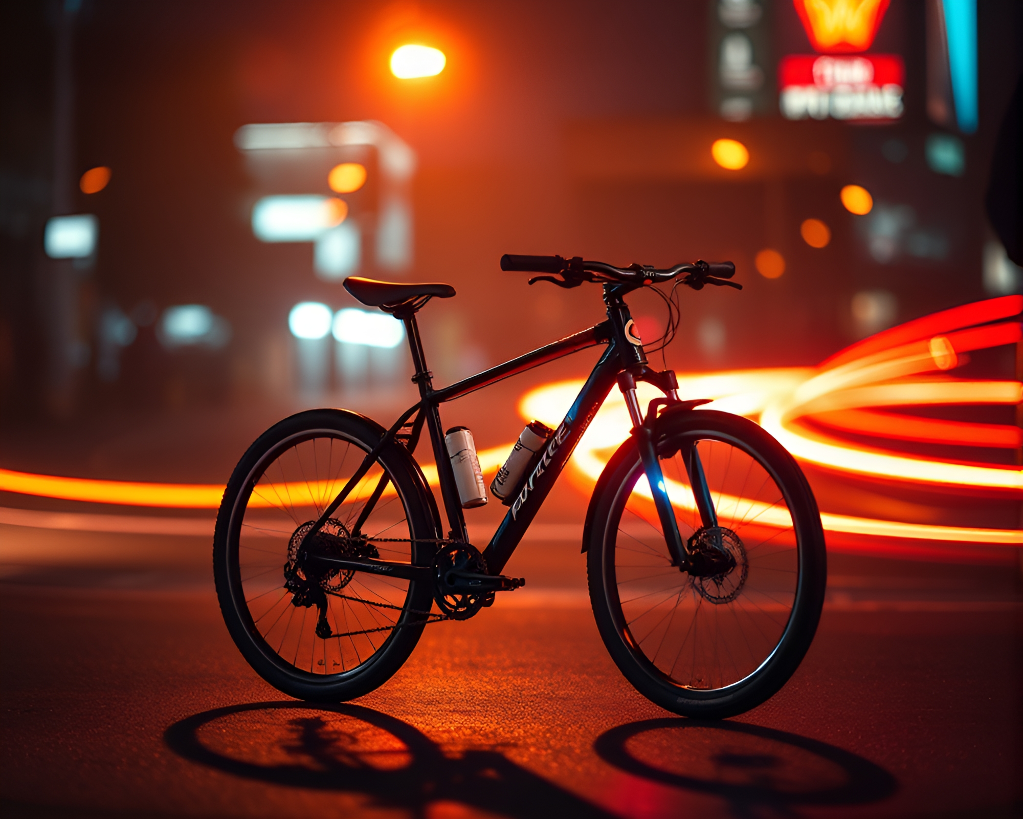 Futuristic Bicycle Light Trails with Hard Shadows – free AI stock image