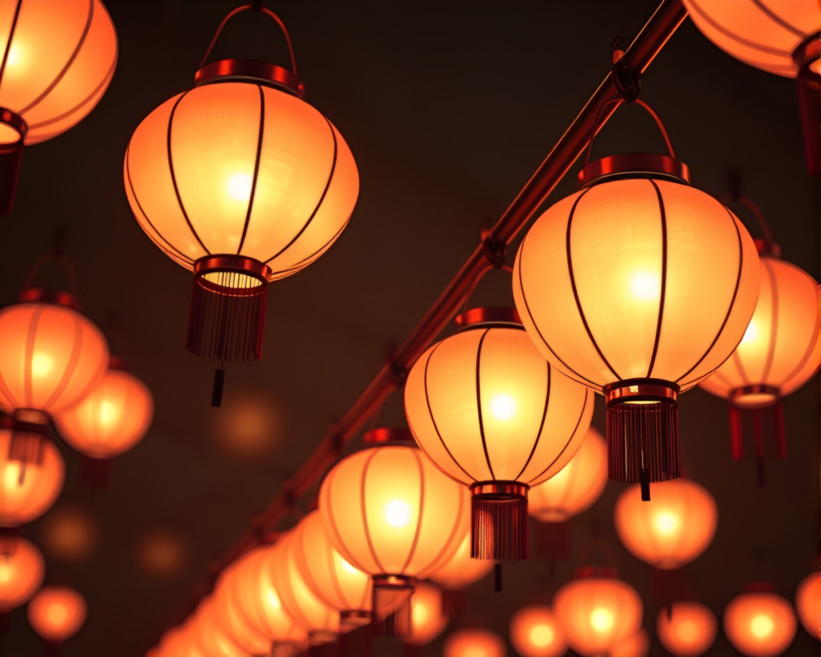 Surreal scene of glowing lanterns floating in textured backdrop