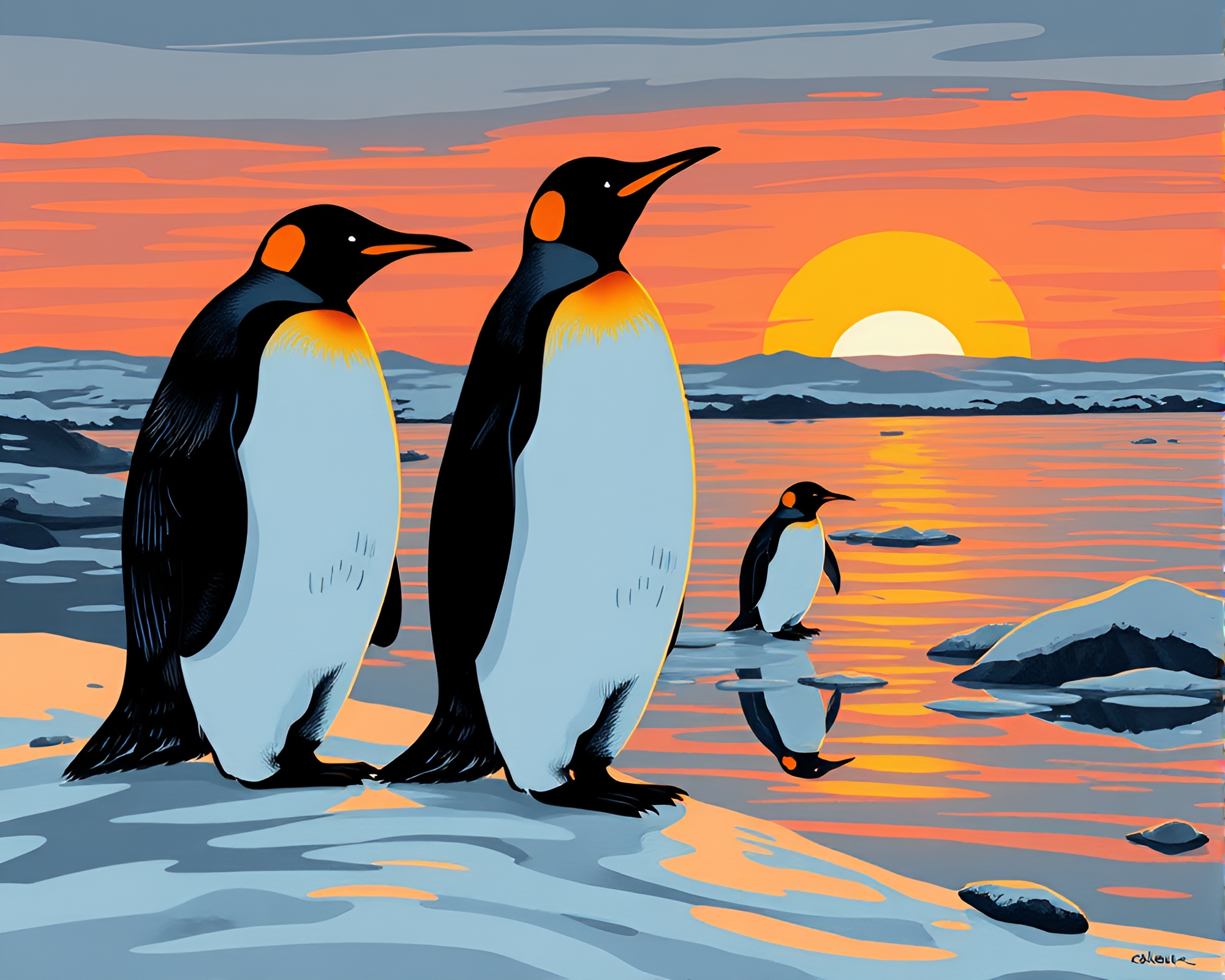 Penguin Reflections at Sunset in Woodcut Print – free AI stock image