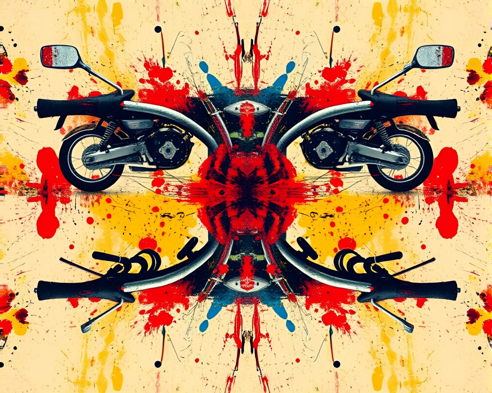 Mirror symmetry scene of a grunge motorcycle in a paint splatter palette