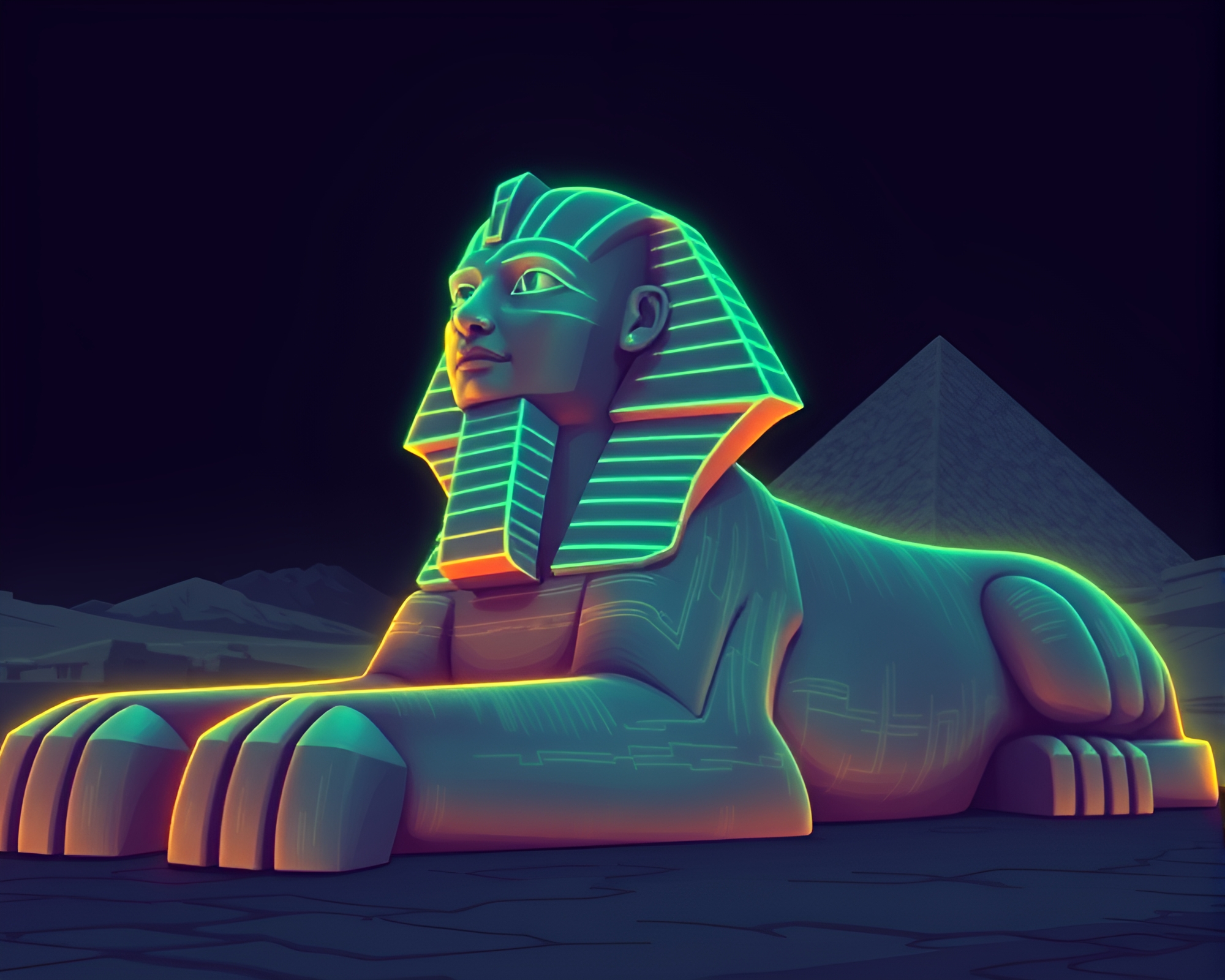 Sphinx Statue with Bioluminescent 8-bit Aura – free AI stock image