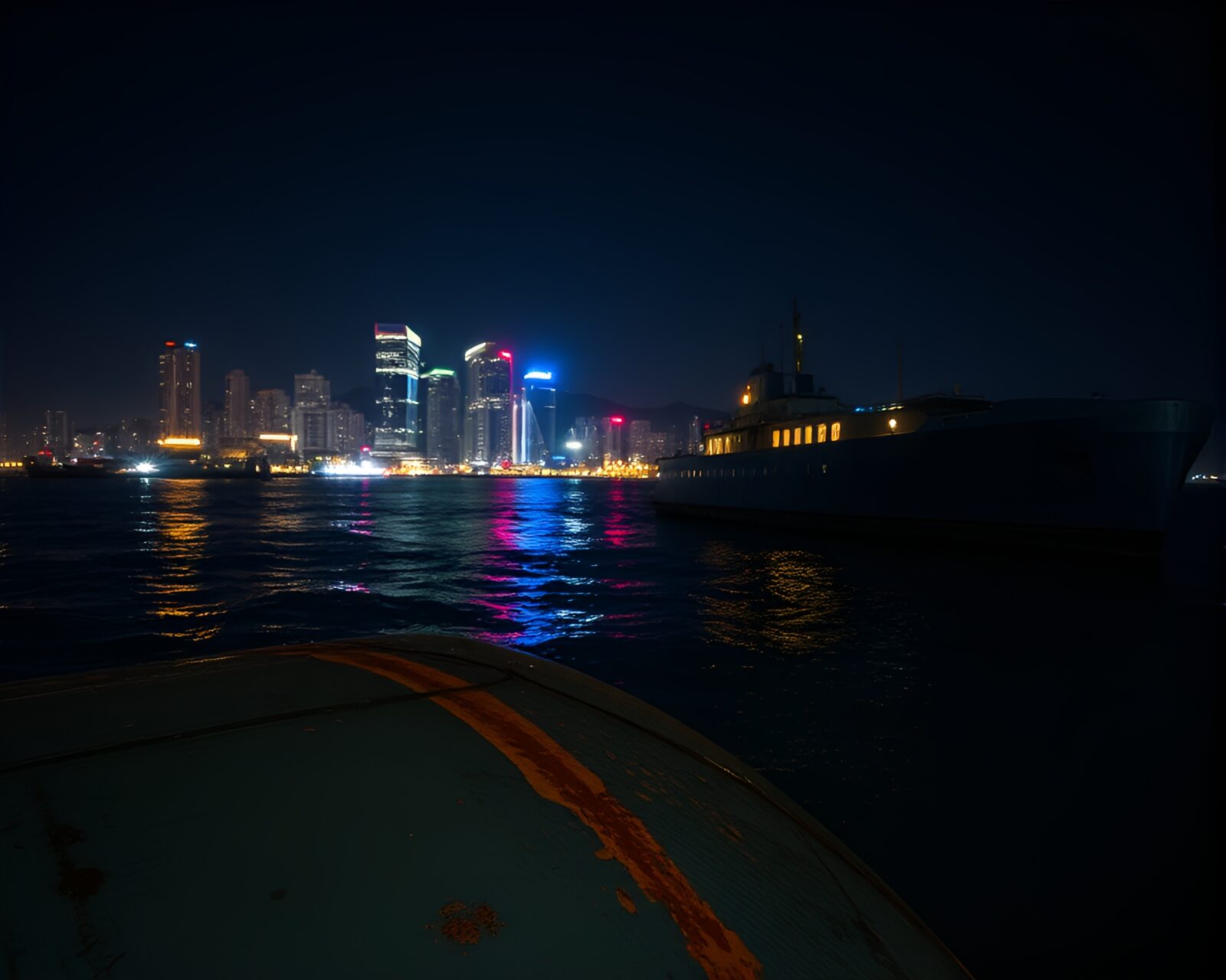 Dark underwater scene with submarine and glowing city lights