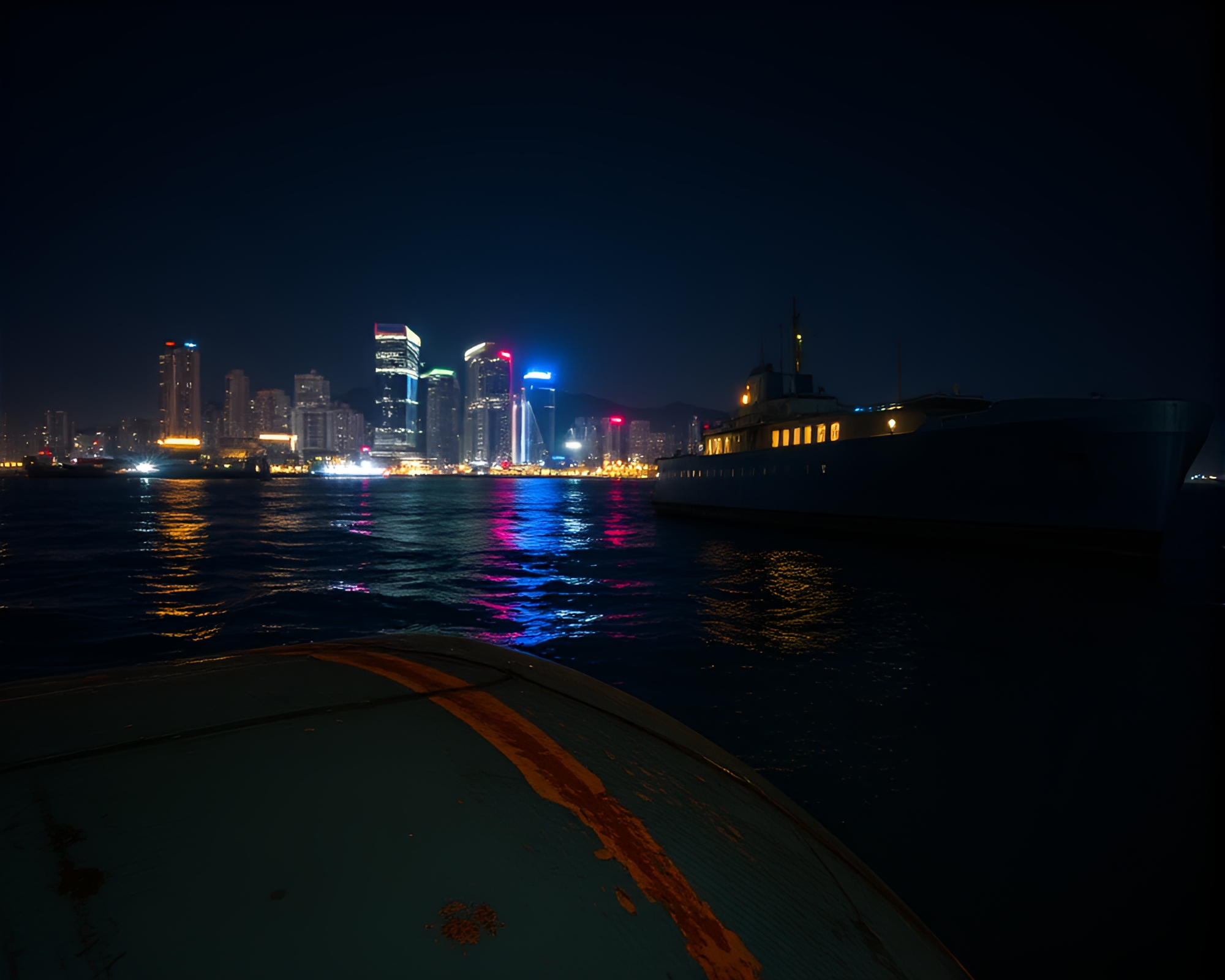 Submarine silhouette under city lights with rust stain streaks – free AI stock image