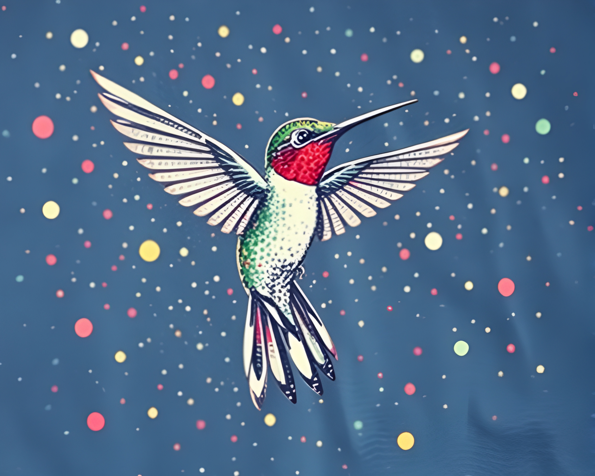 Kinetic Hummingbird Screenprint in Faded Denim Aesthetic – free AI stock image