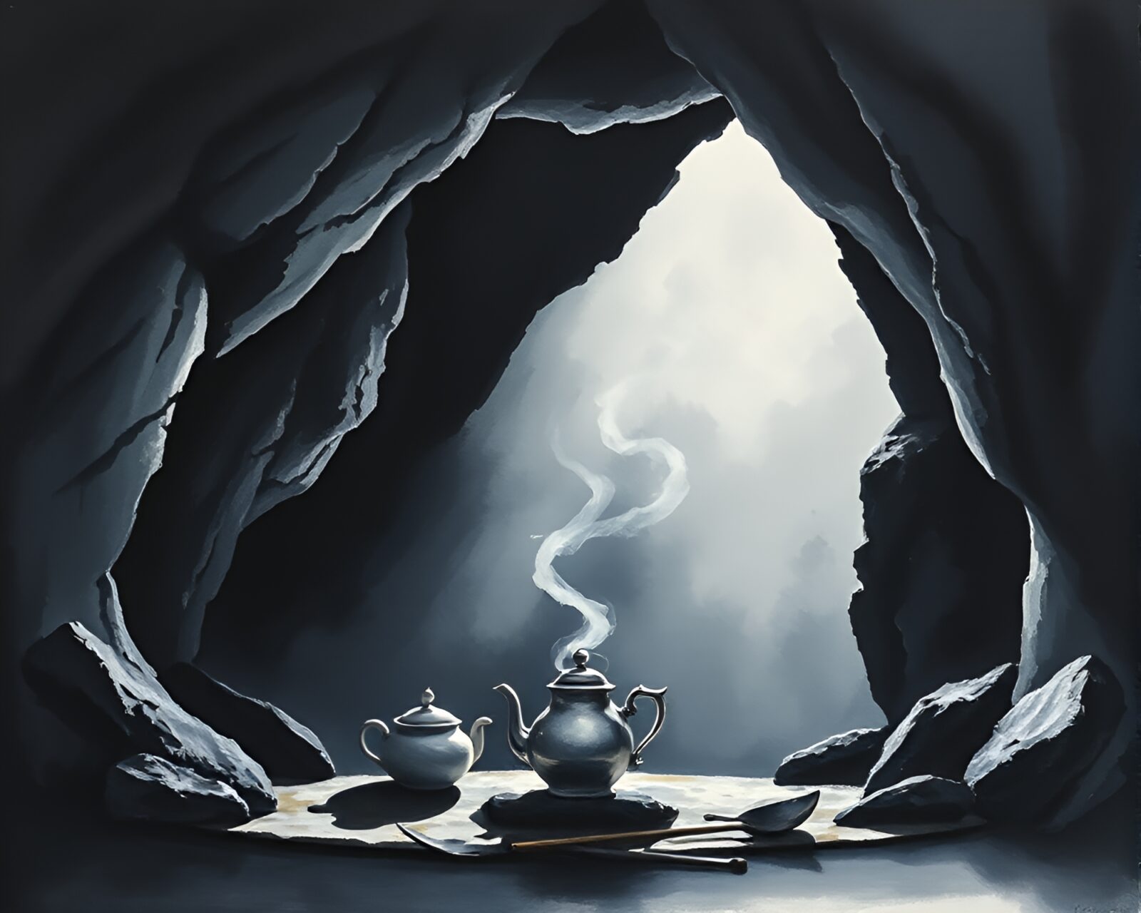 Charcoal-stroked tea set at cave entrance in gouache style