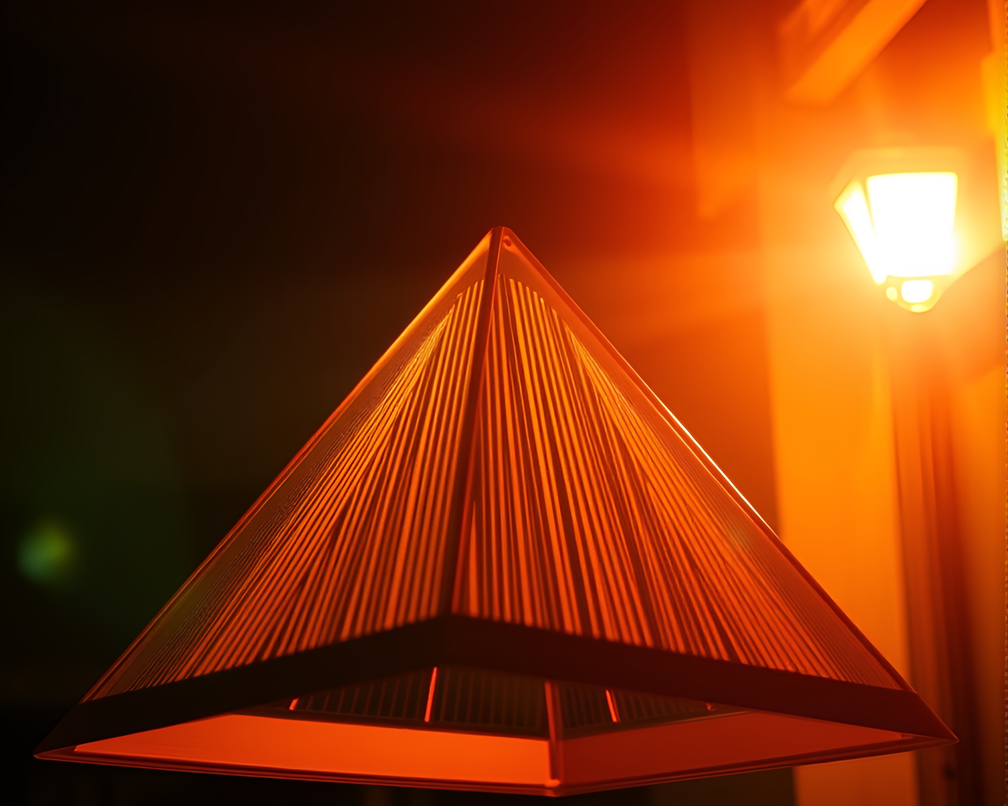 Glass Pyramid Illuminated by Barcode Stripe Porchlight – free AI stock image