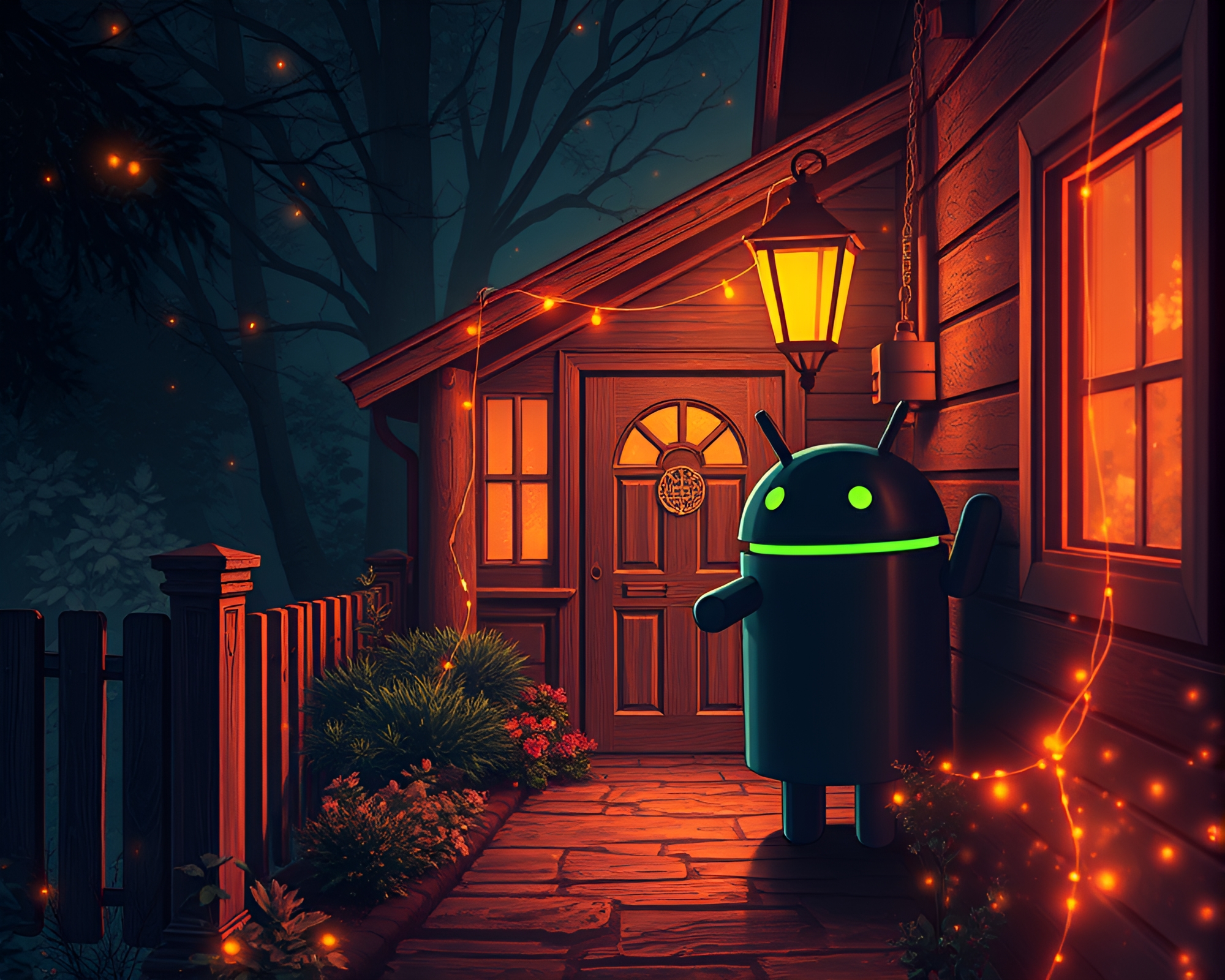 Steampunk Android Bathed in Warm Porchlight Glow – free AI stock image
