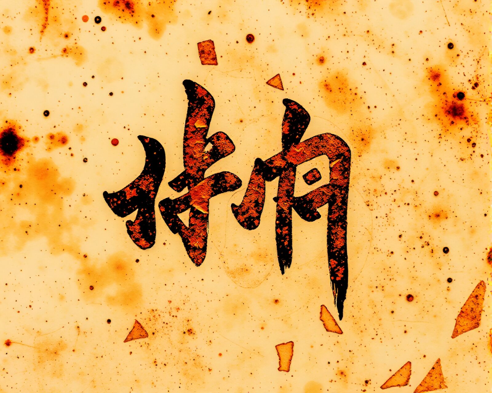 Glowing ink writing on textured rust flake background