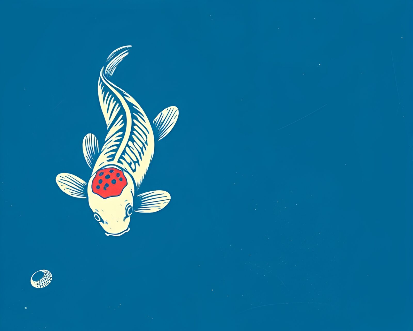 Puddle reflecting vibrant Koi fish in blue linocut art