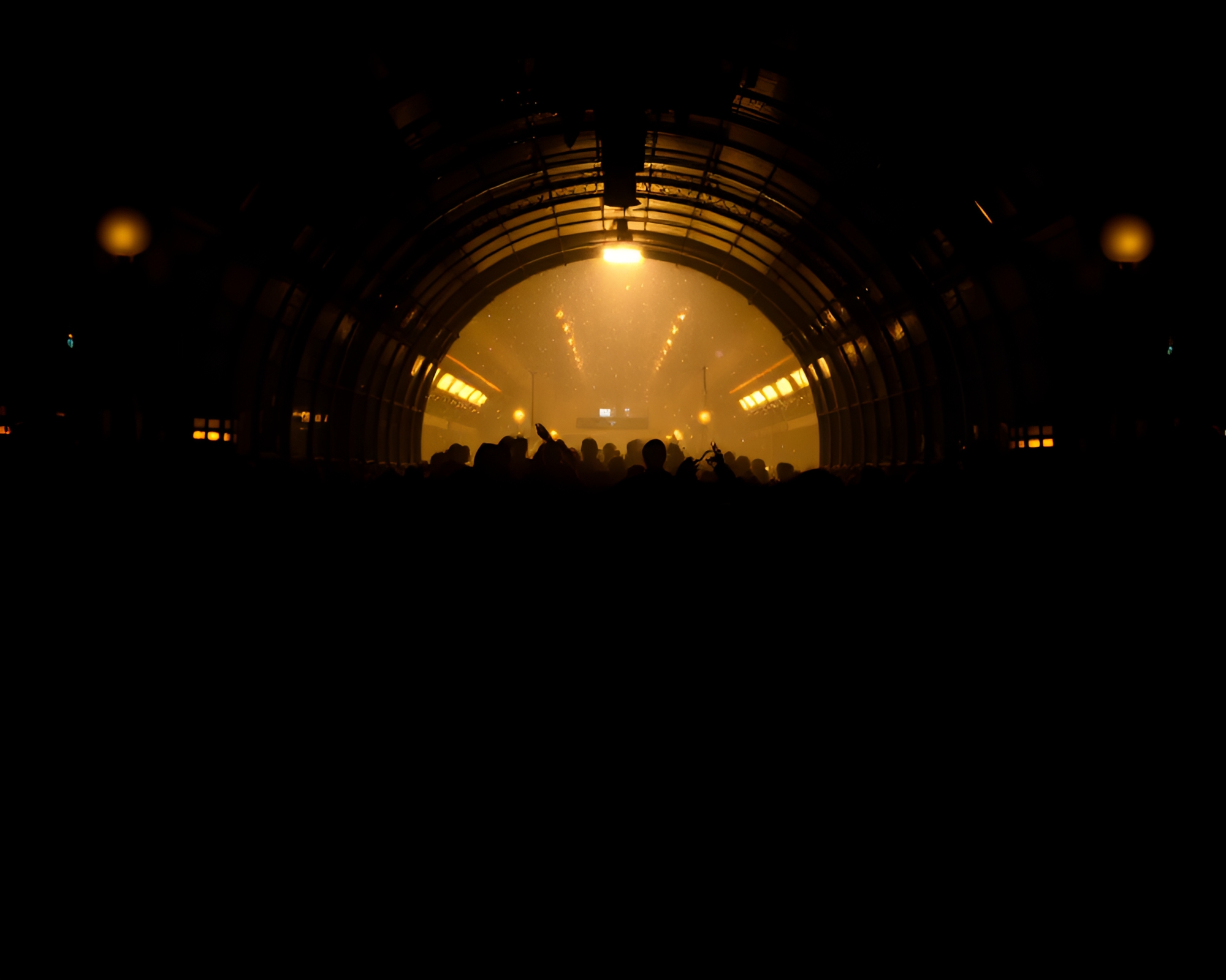 Glass Tunnel Crowd Silhouette: Porchlight Glow – free AI stock image