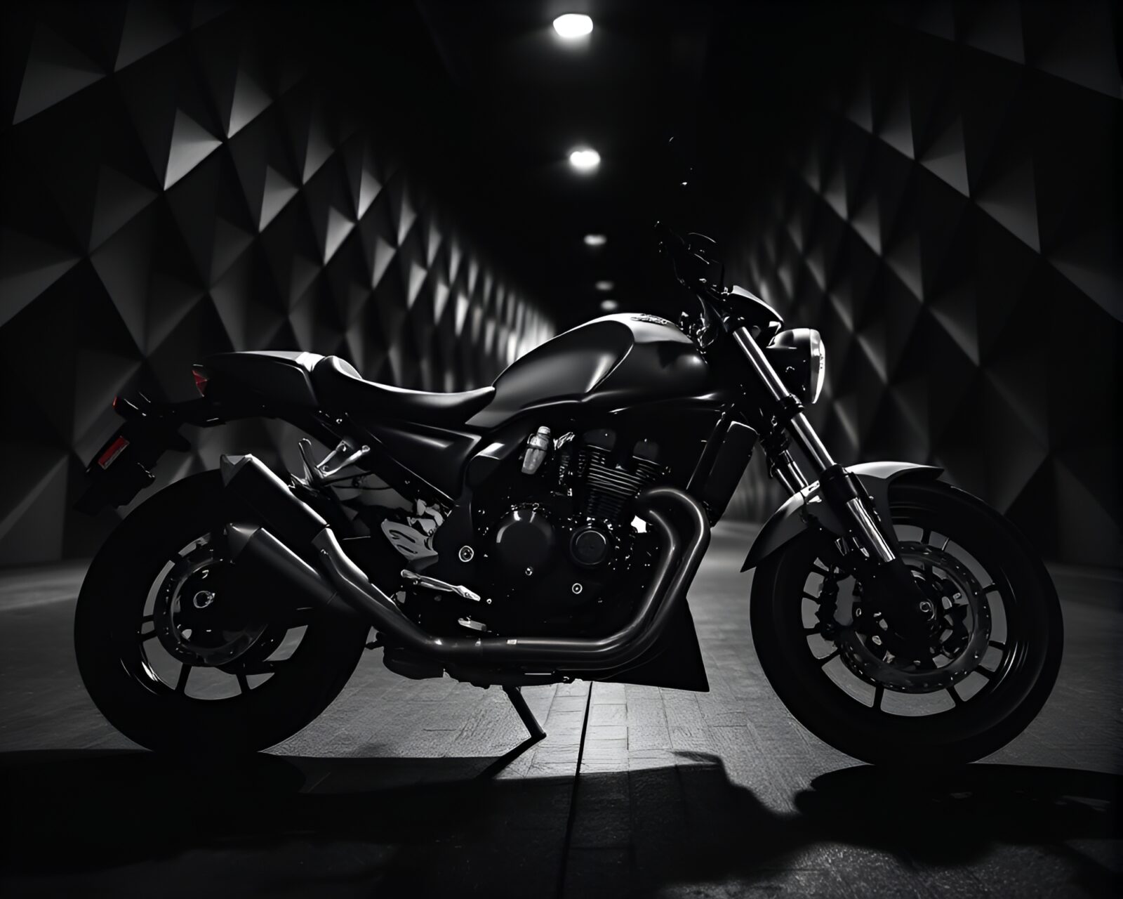 Sleek motorcycle in dramatic film noir lighting with geometric backdrop