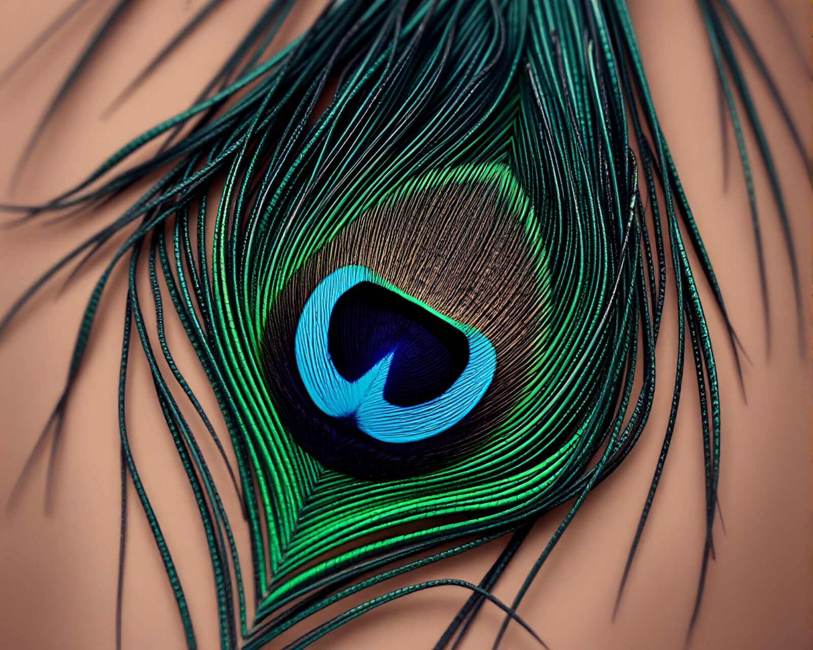 Pixelated peacock feather shimmering in earth-toned path tracing style