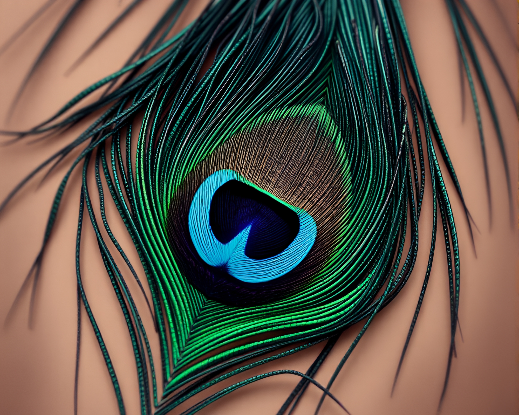 Glimmering Pixelated Peacock Feather in Earthy Path Tracing – free AI stock image